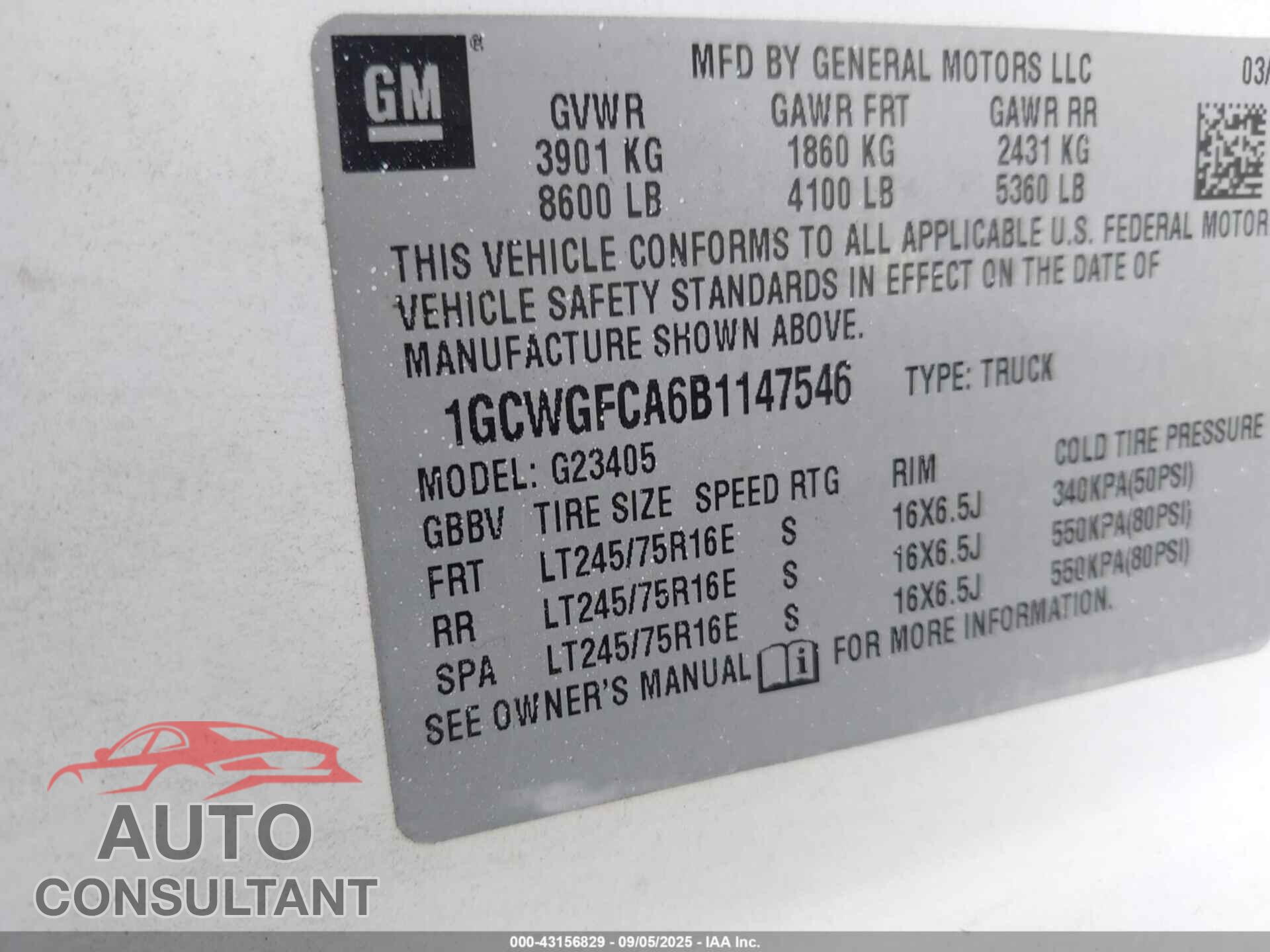 CHEVROLET EXPRESS 2500 2011 - 1GCWGFCA6B1147546