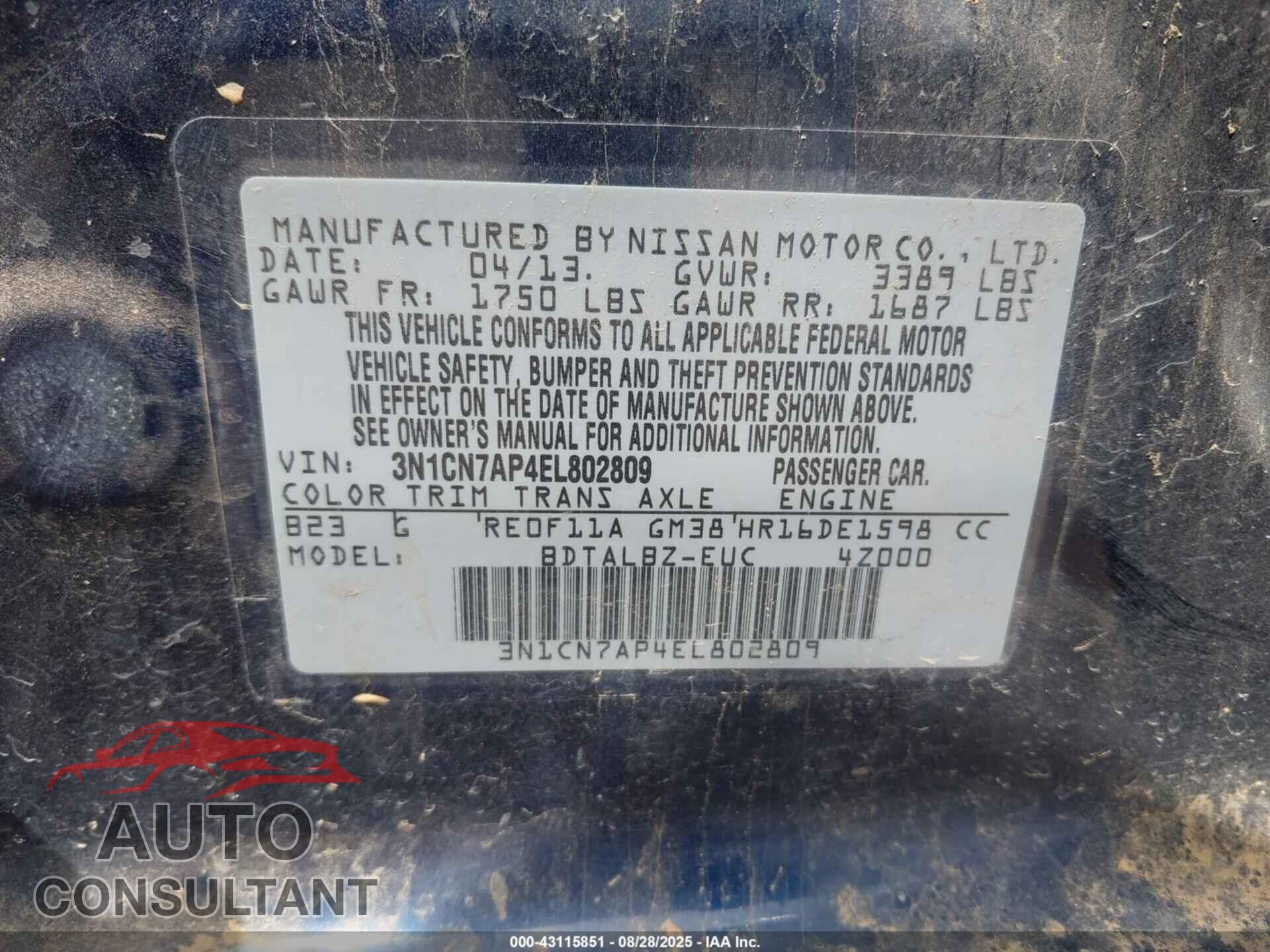 NISSAN VERSA 2014 - 3N1CN7AP4EL802809
