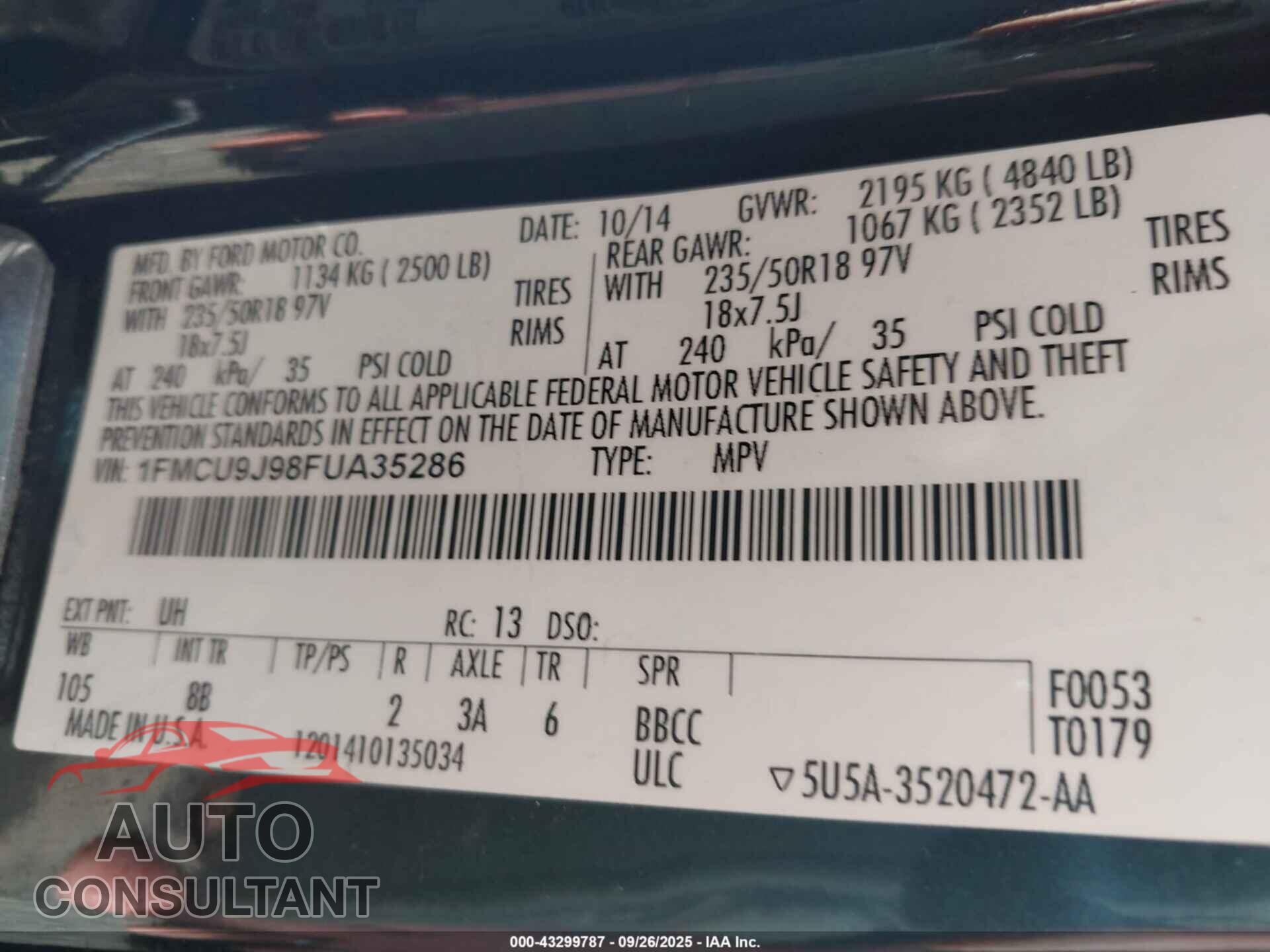 FORD ESCAPE 2015 - 1FMCU9J98FUA35286