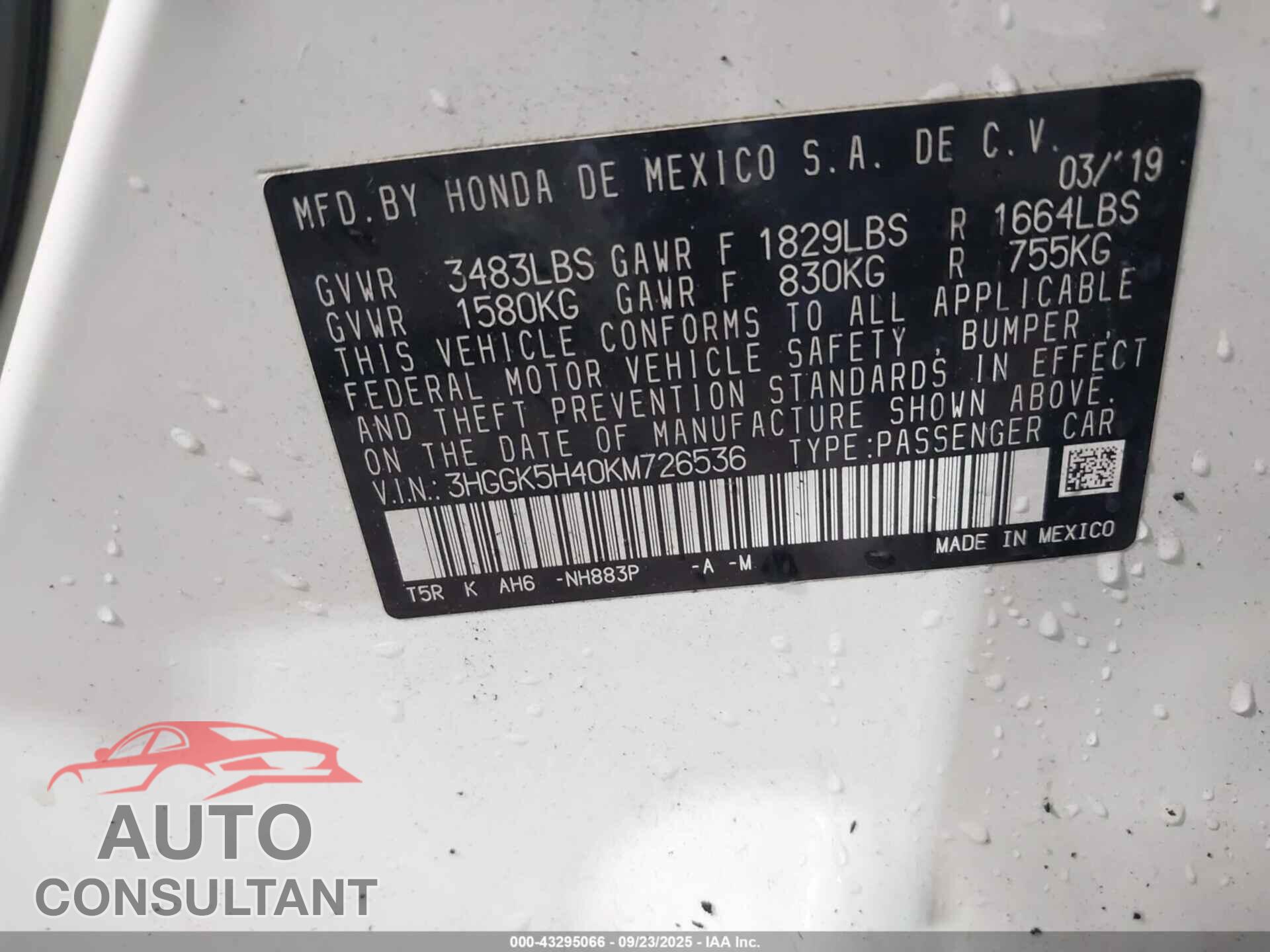 HONDA FIT 2019 - 3HGGK5H40KM726536