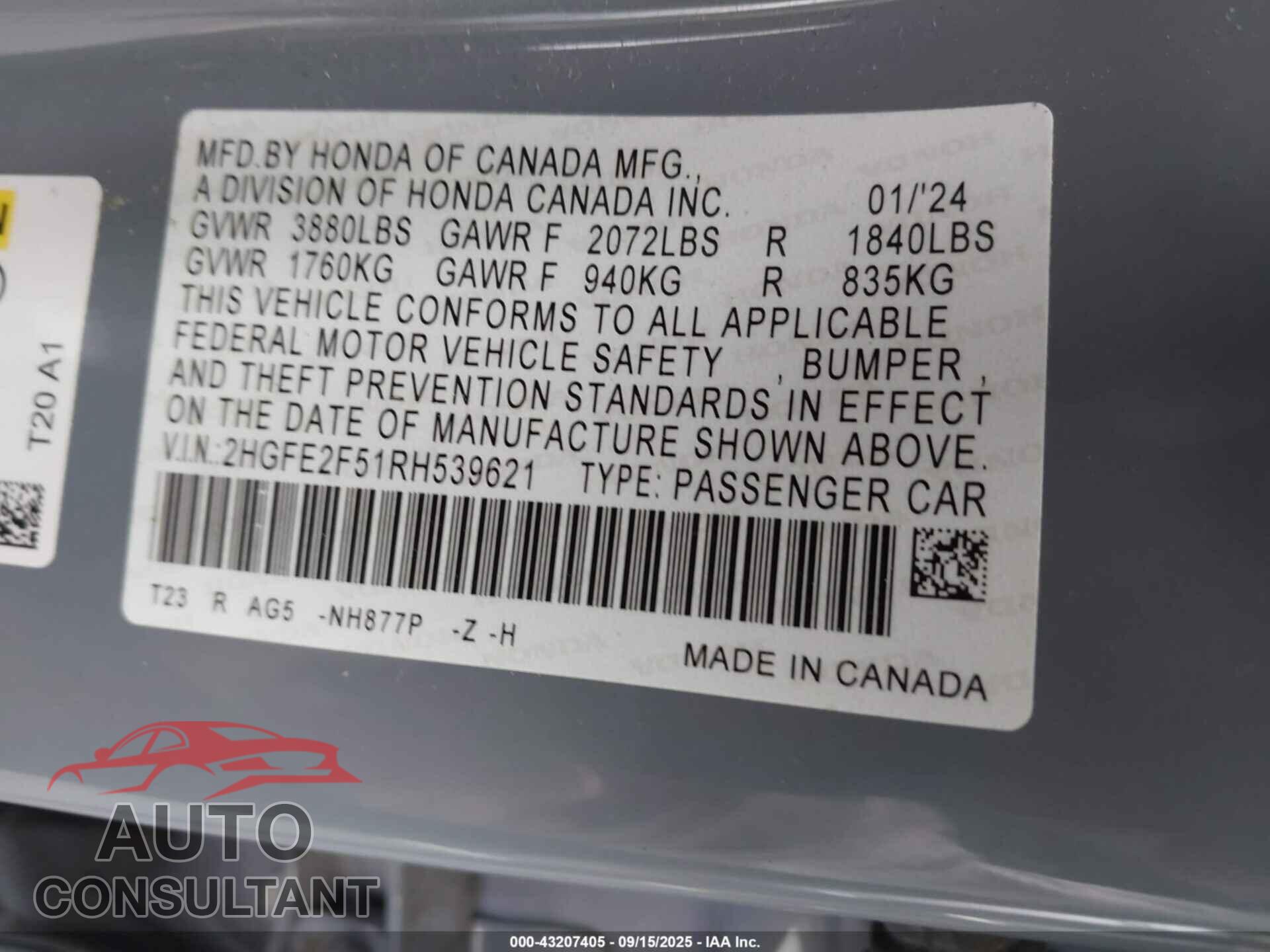HONDA CIVIC 2024 - 2HGFE2F51RH539621