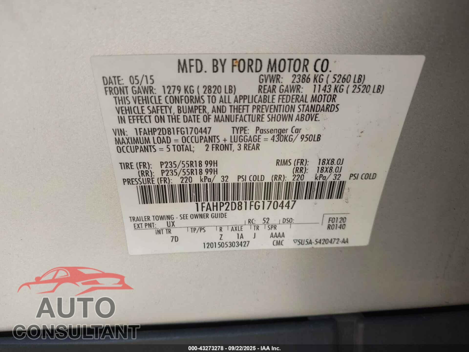 FORD TAURUS 2015 - 1FAHP2D81FG170447