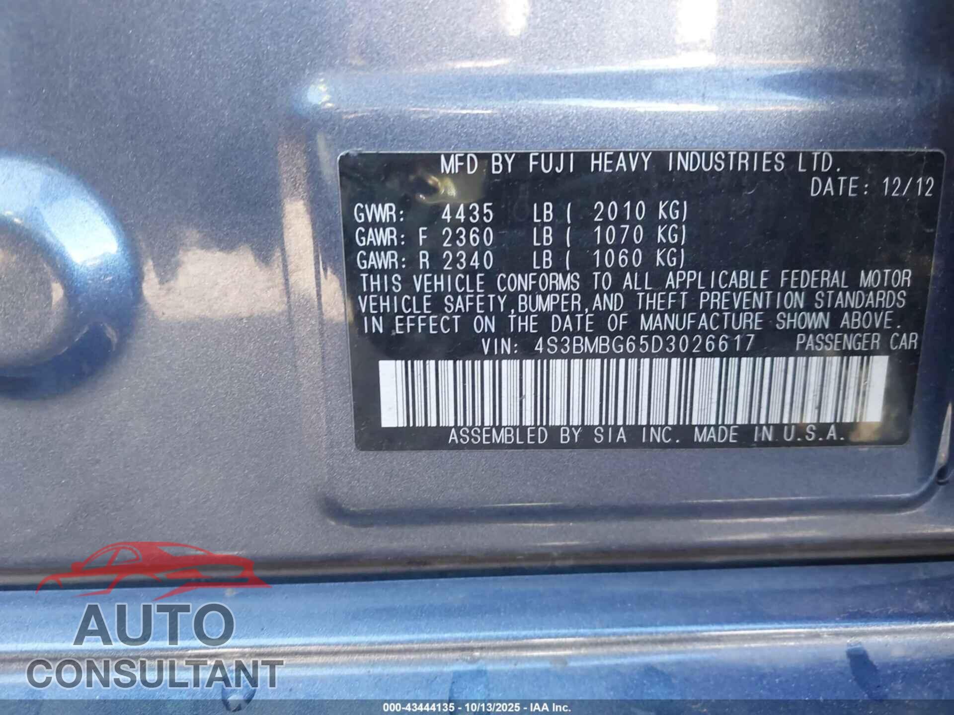 SUBARU LEGACY 2013 - 4S3BMBG65D3026617