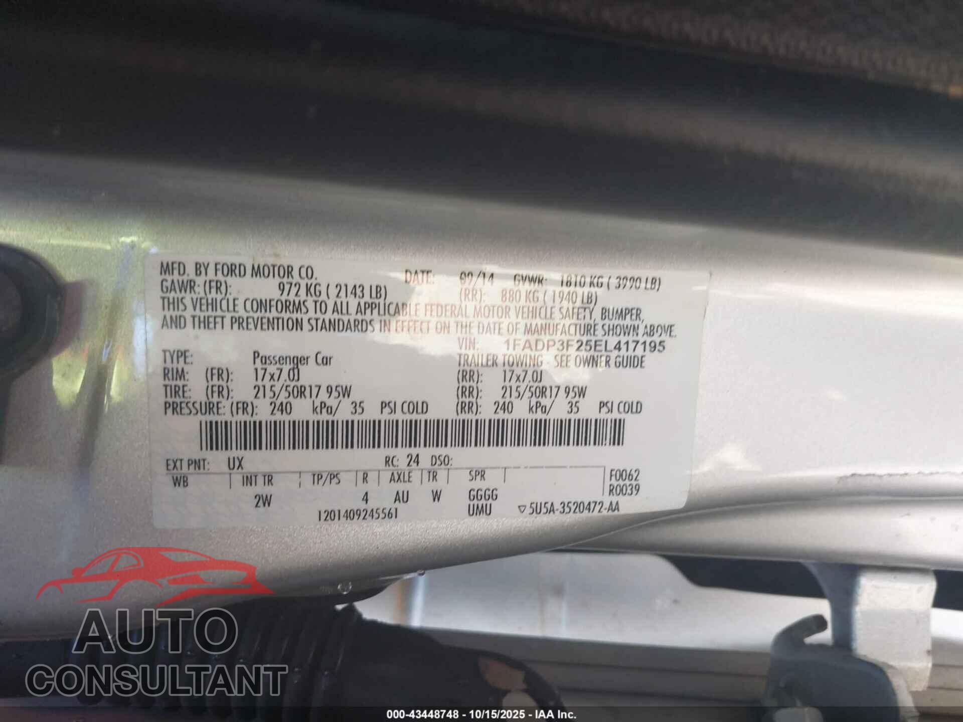 FORD FOCUS 2014 - 1FADP3F25EL417195