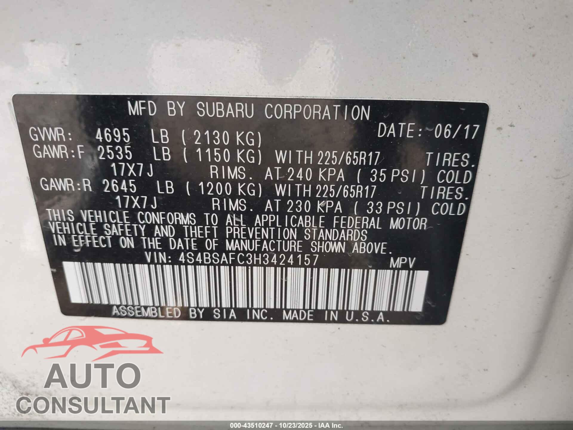 SUBARU OUTBACK 2017 - 4S4BSAFC3H3424157