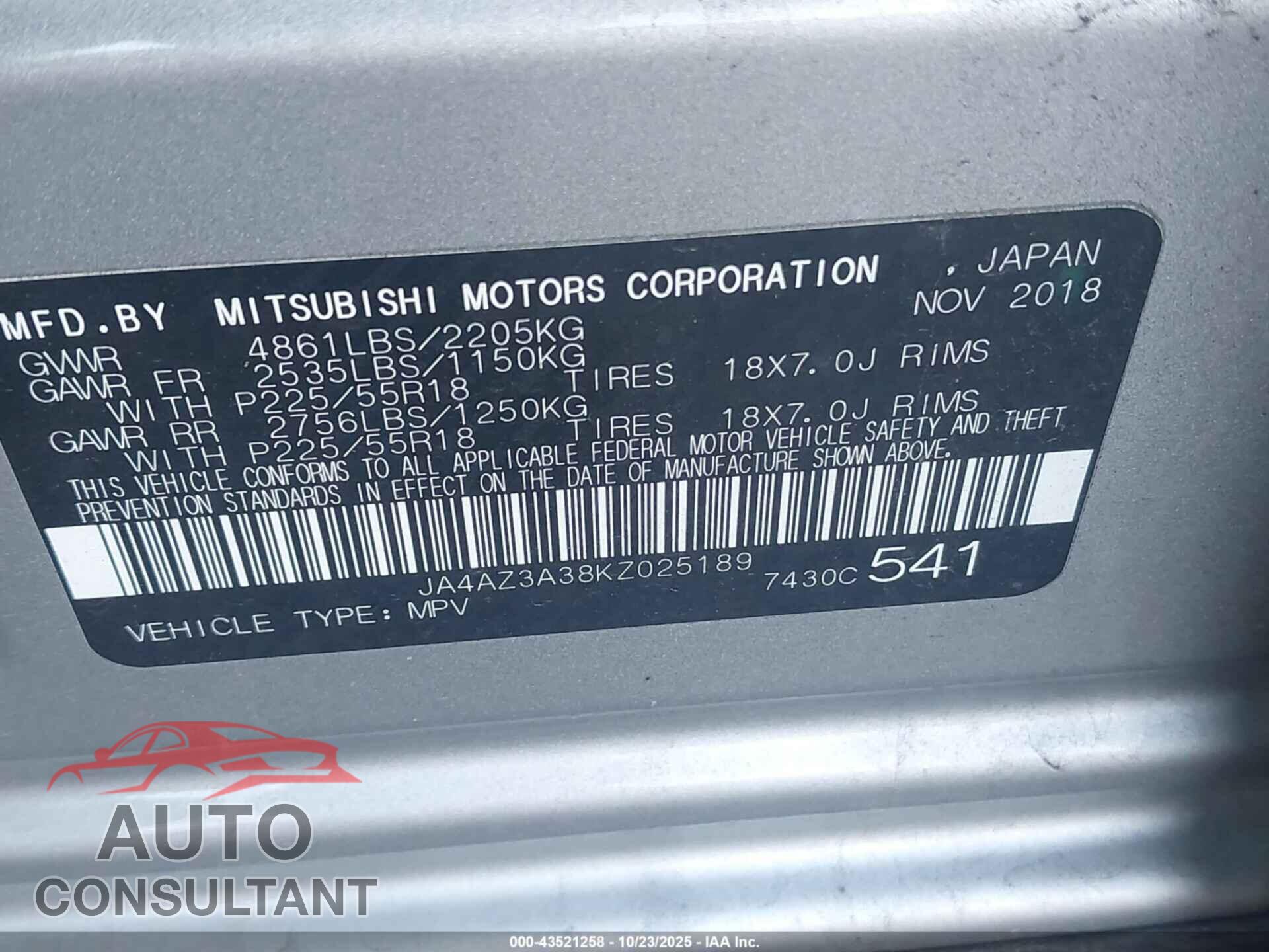MITSUBISHI OUTLANDER 2019 - JA4AZ3A38KZ025189