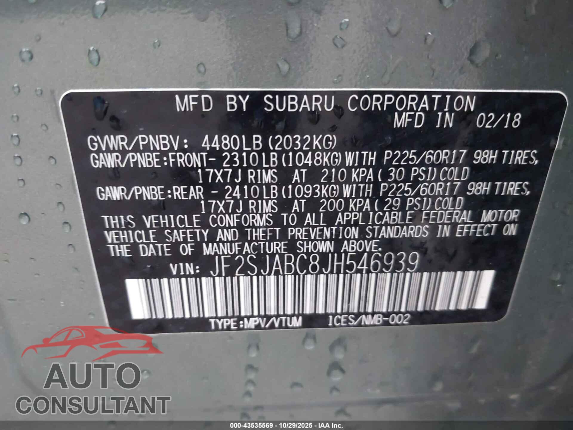 SUBARU FORESTER 2018 - JF2SJABC8JH546939