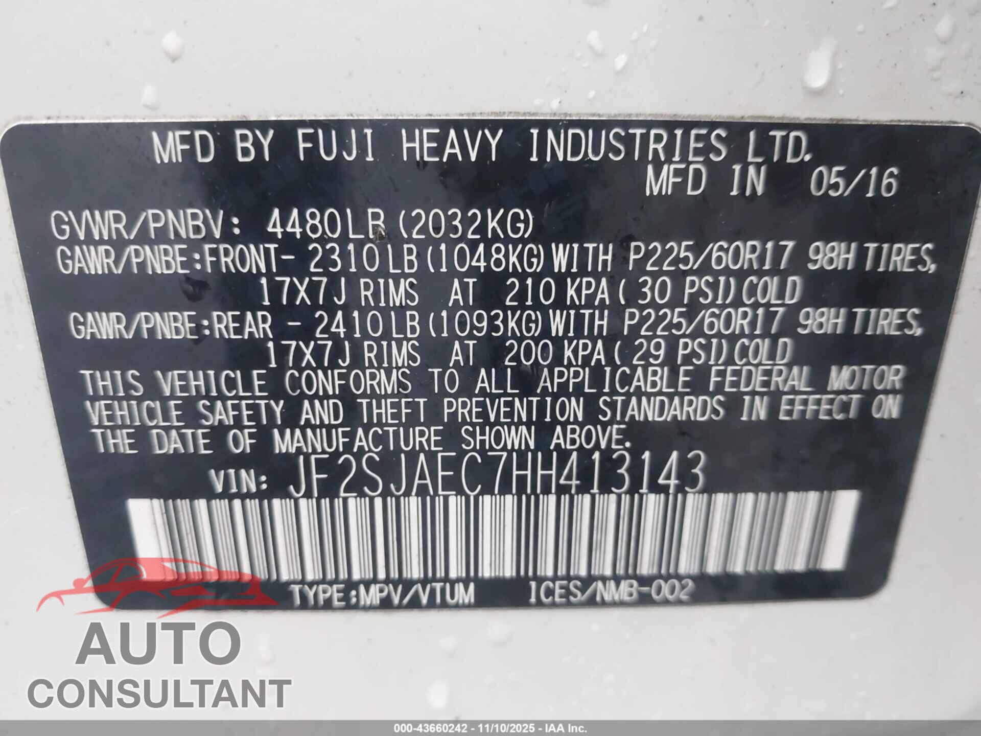 SUBARU FORESTER 2017 - JF2SJAEC7HH413143