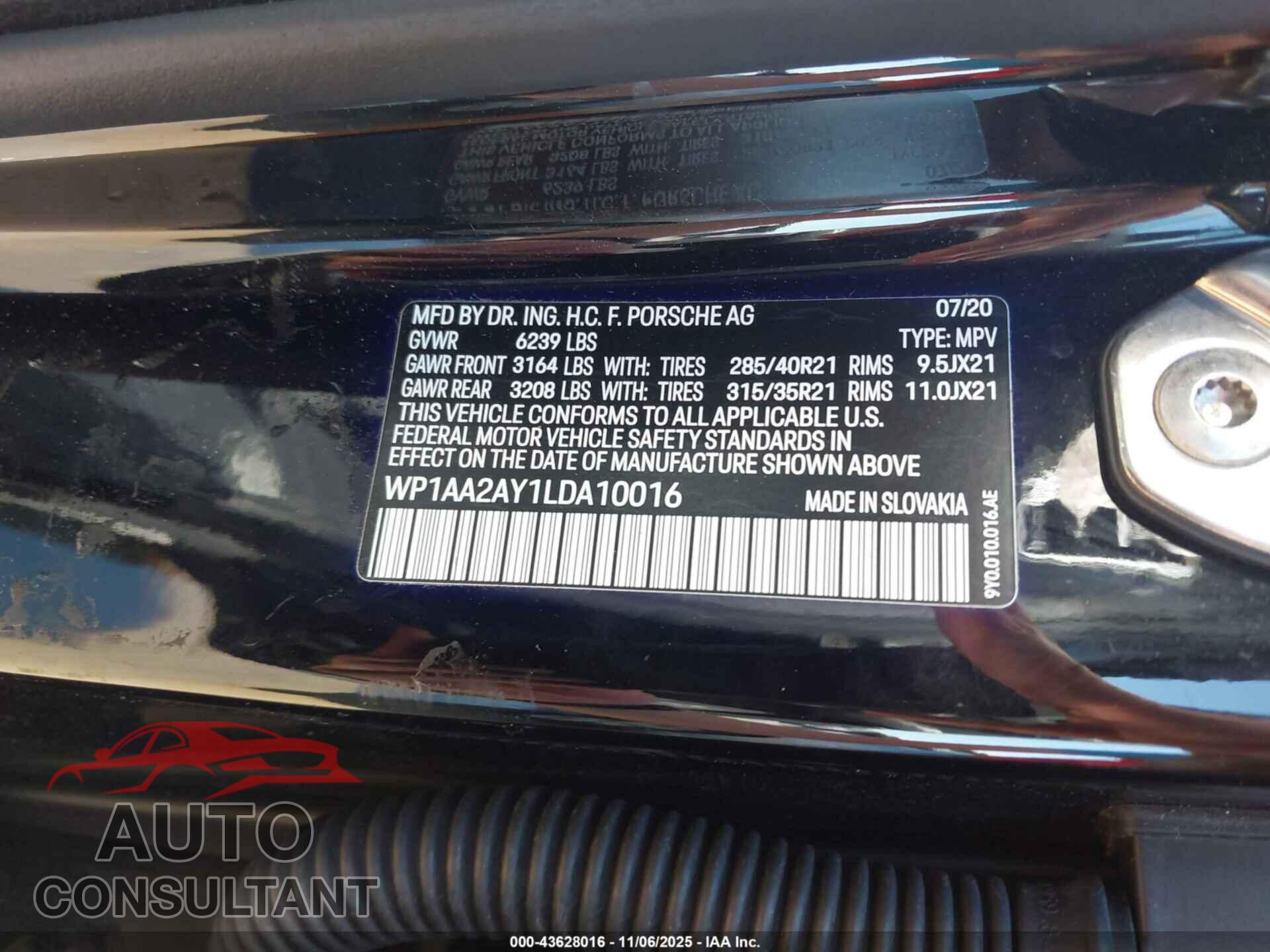 PORSCHE CAYENNE 2020 - WP1AA2AY1LDA10016