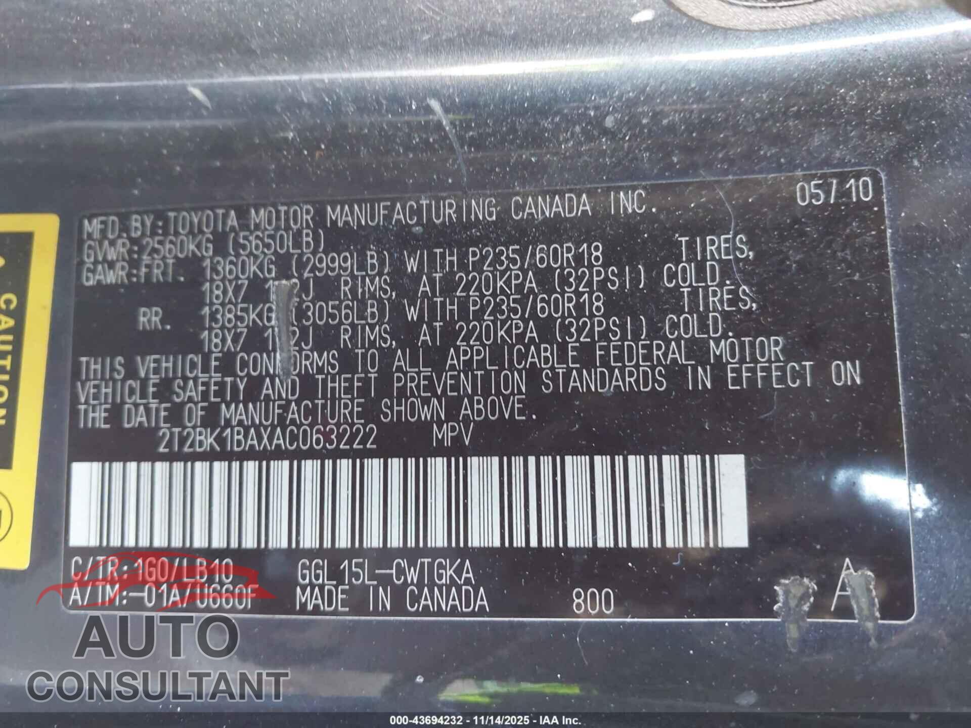 LEXUS RX 350 2010 - 2T2BK1BAXAC063222