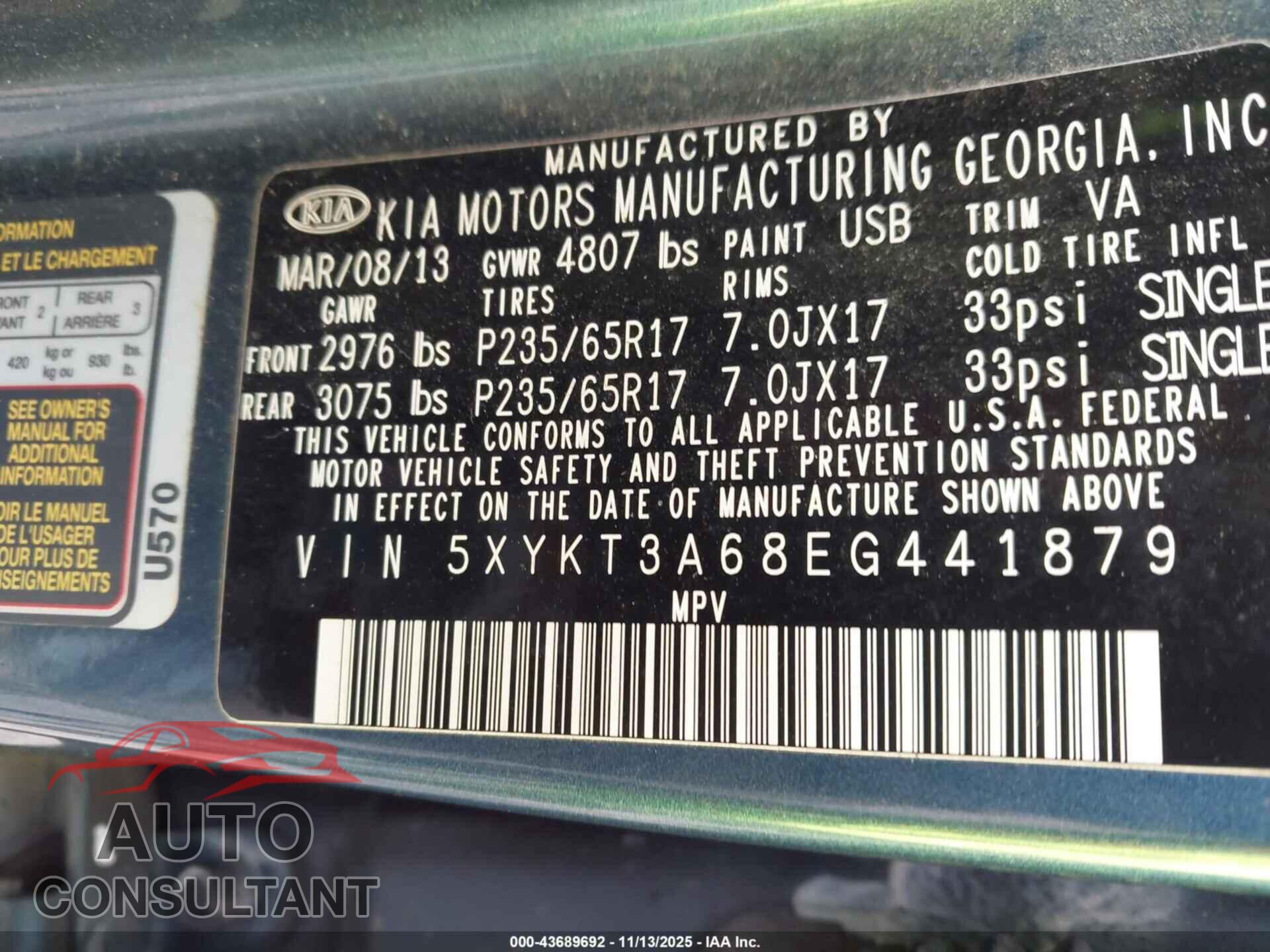 KIA SORENTO 2014 - 5XYKT3A68EG441879