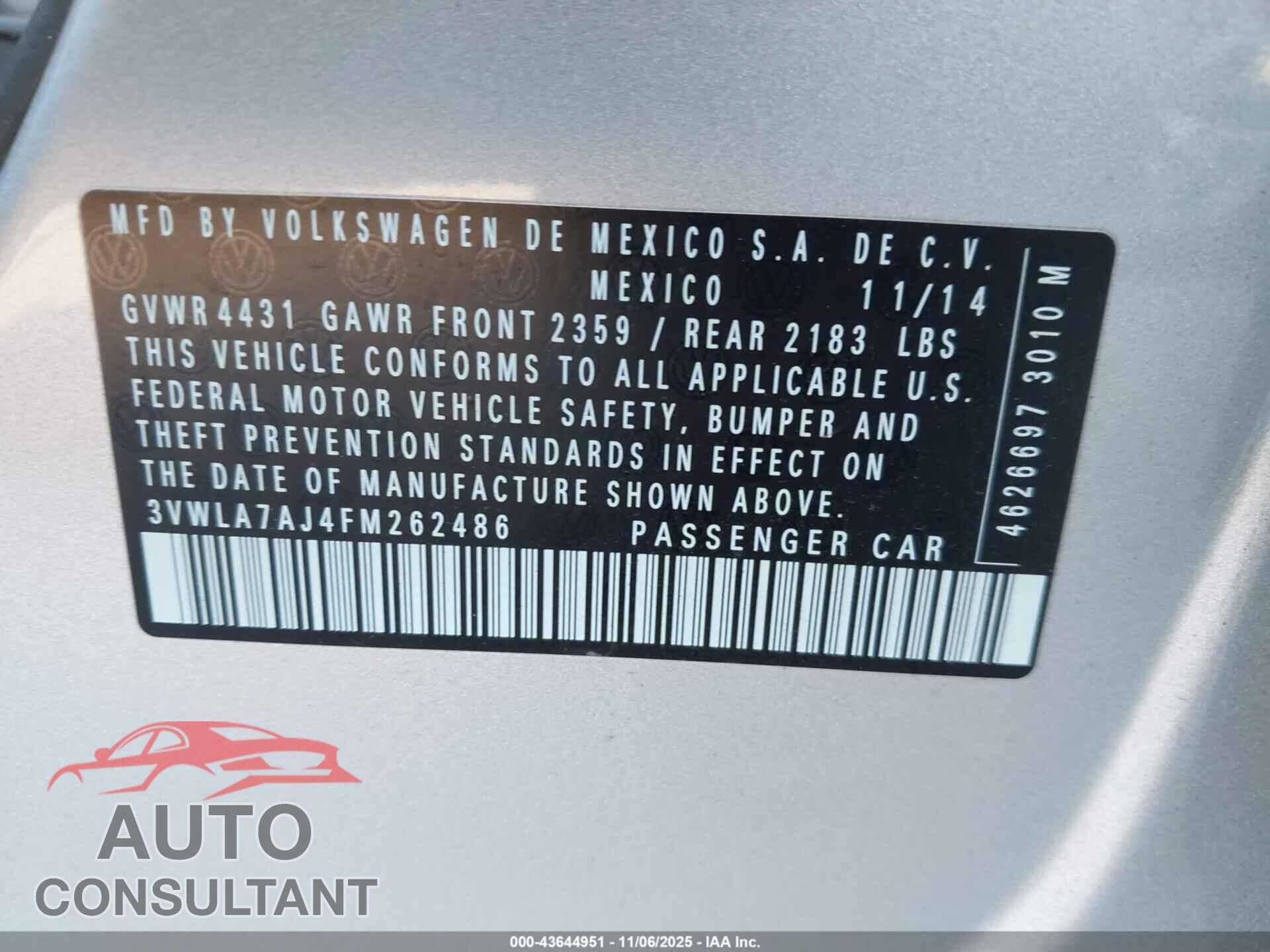 VOLKSWAGEN JETTA 2015 - 3VWLA7AJ4FM262486