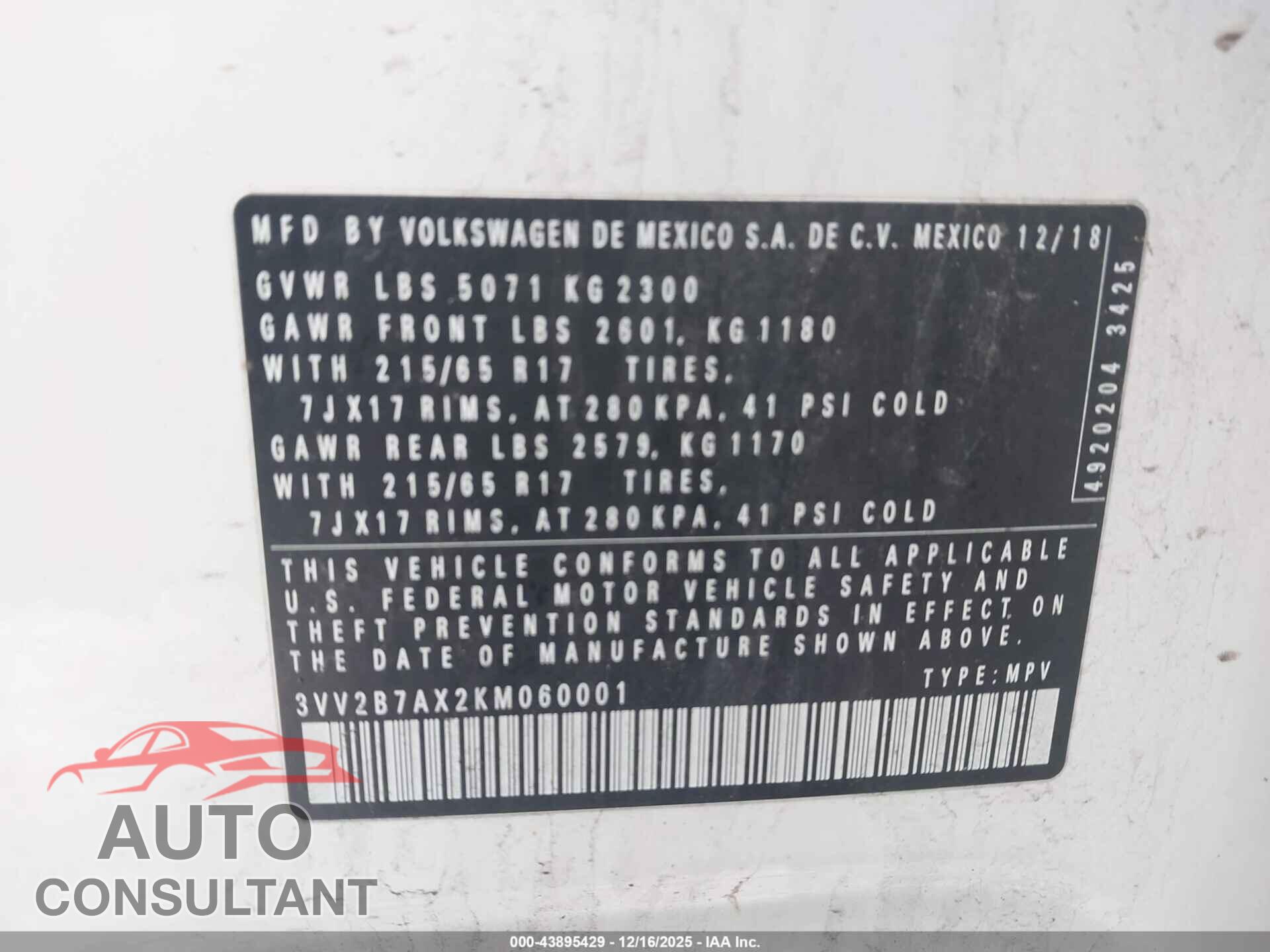 VOLKSWAGEN TIGUAN 2019 - 3VV2B7AX2KM060001