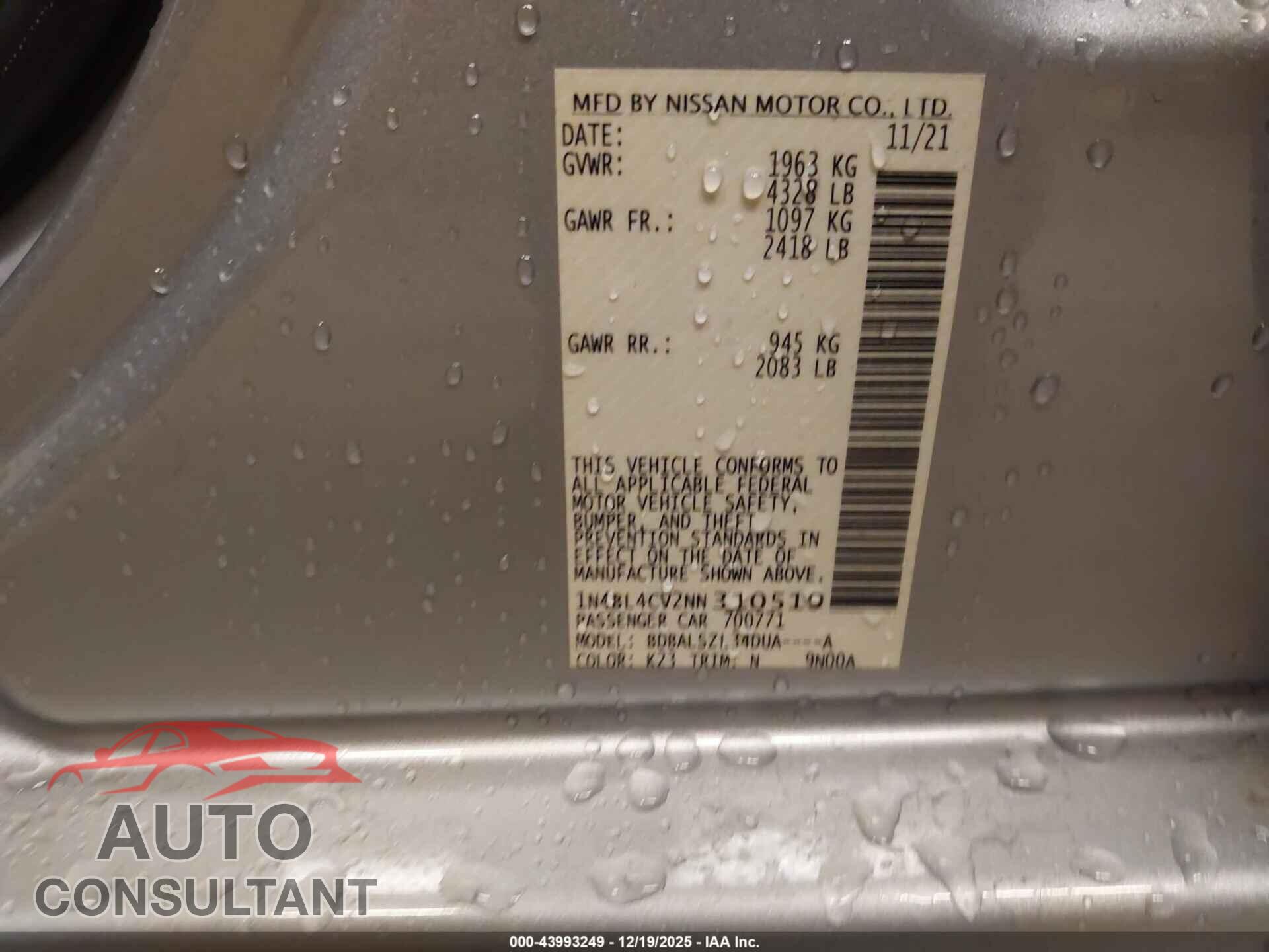 NISSAN ALTIMA 2022 - 1N4BL4CV2NN310519