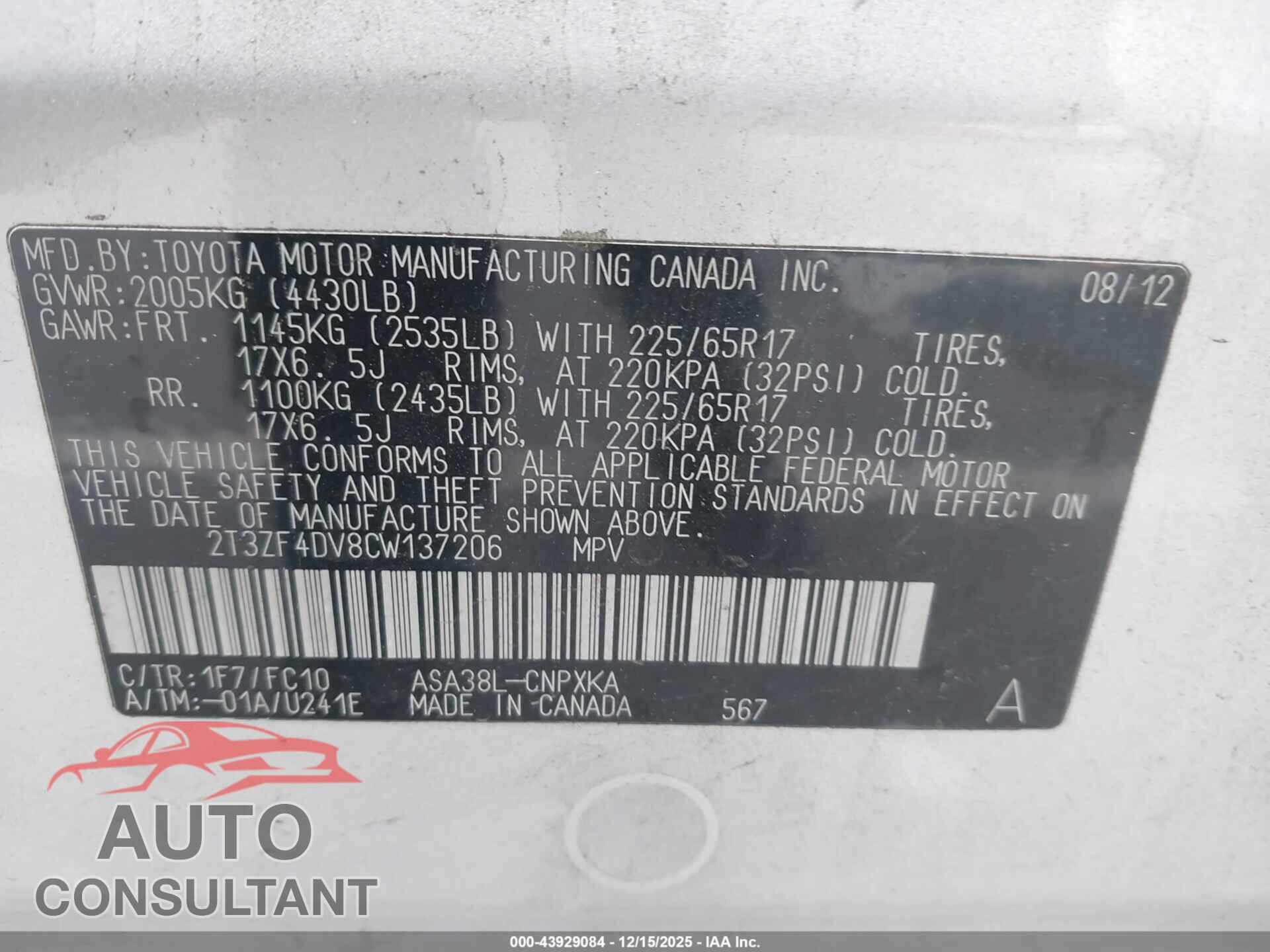 TOYOTA RAV4 2012 - 2T3ZF4DV8CW137206