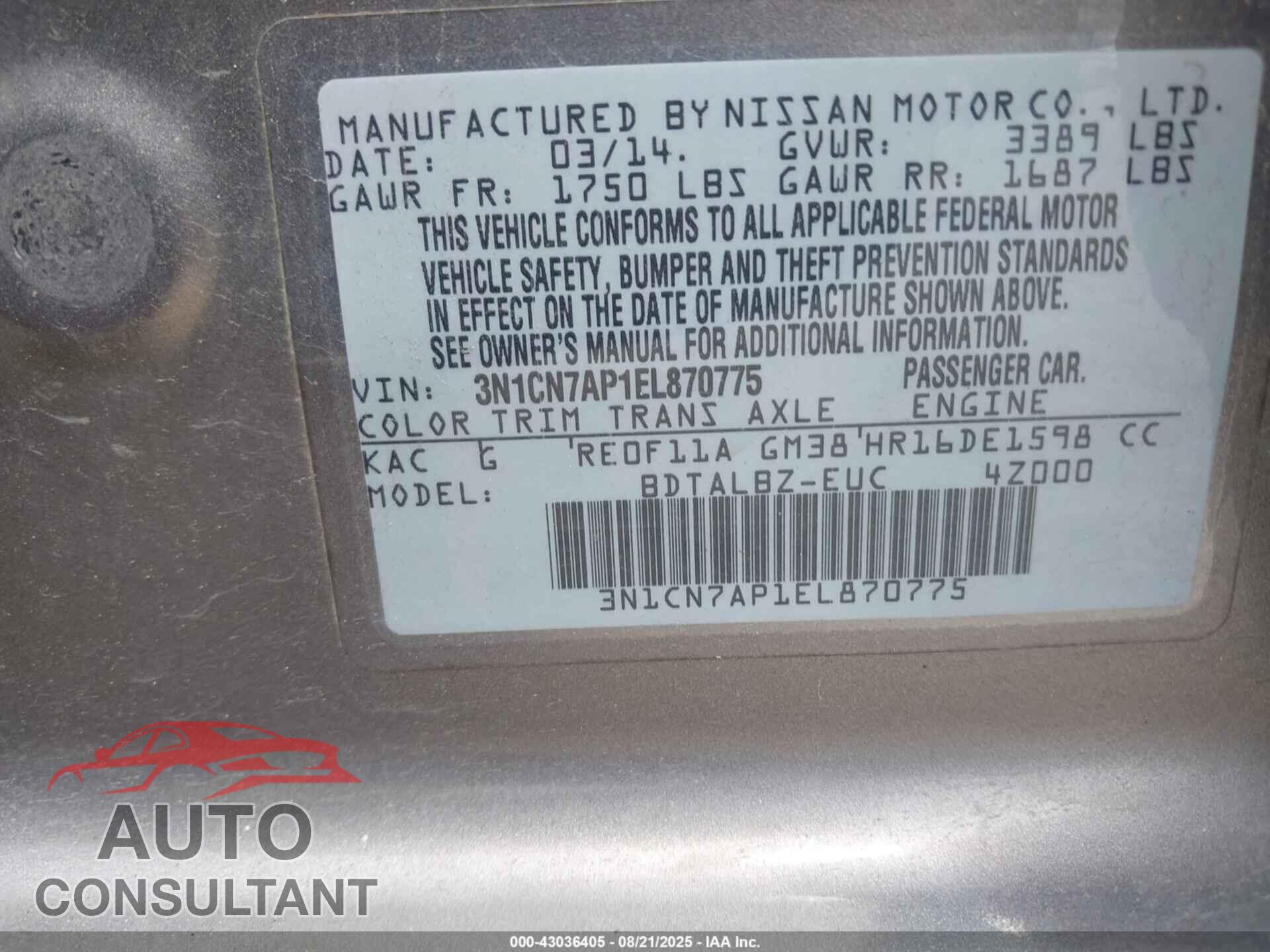 NISSAN VERSA 2014 - 3N1CN7AP1EL870775