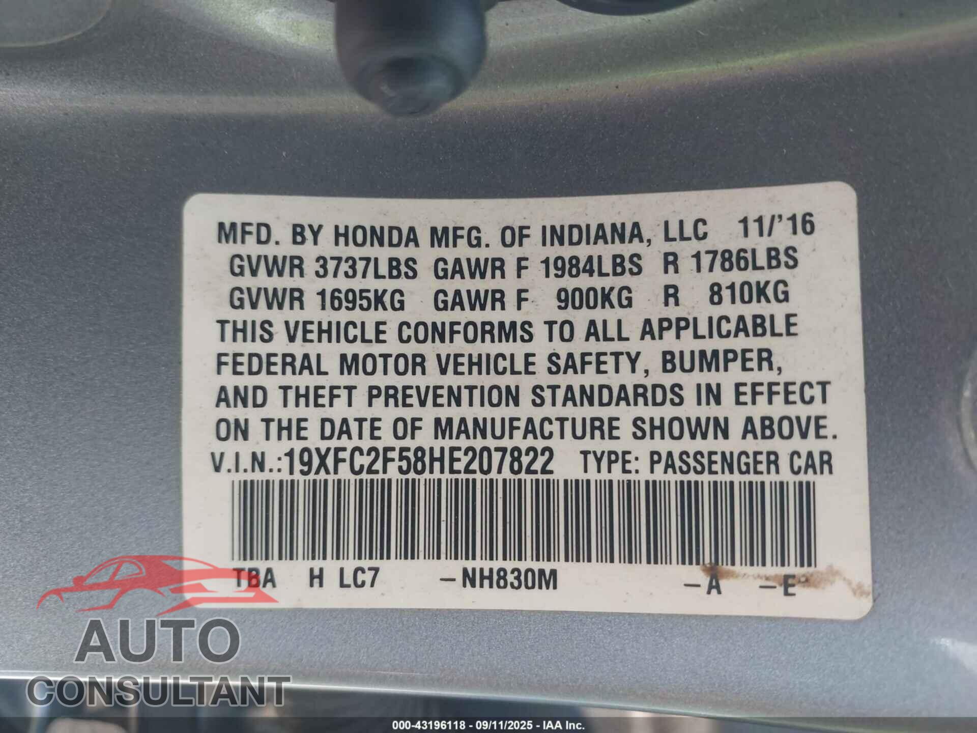 HONDA CIVIC 2017 - 19XFC2F58HE207822