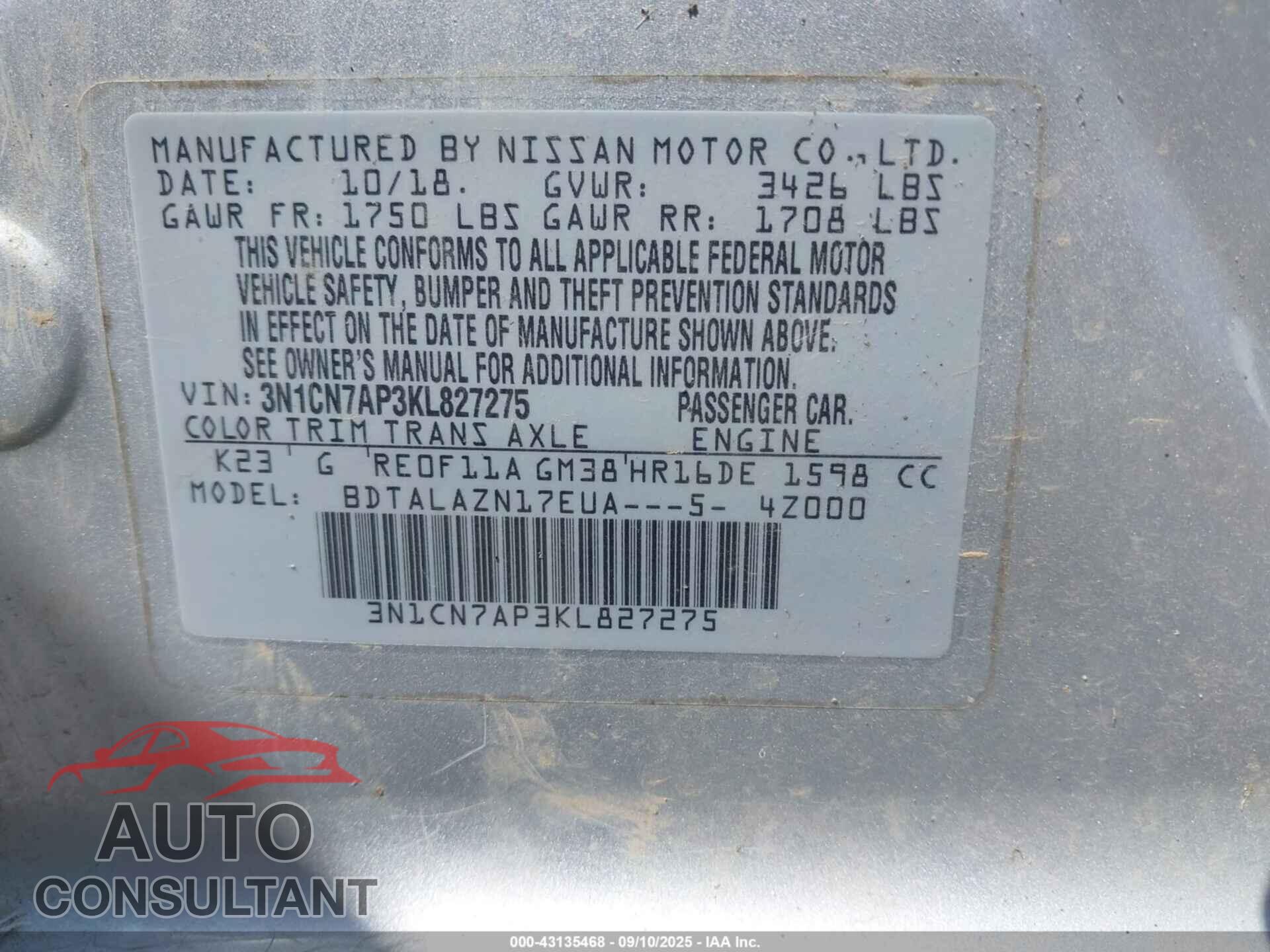 NISSAN VERSA 2019 - 3N1CN7AP3KL827275