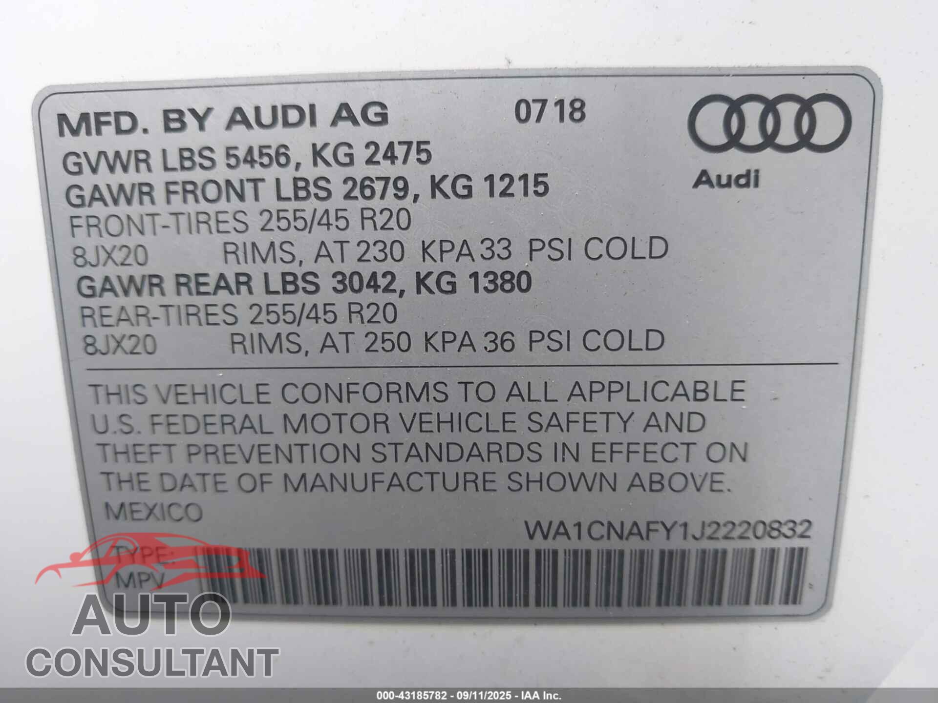 AUDI Q5 2018 - WA1CNAFY1J2220832