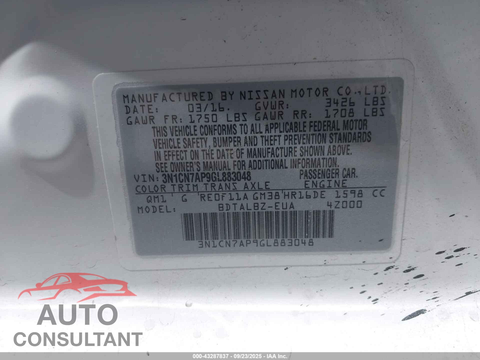 NISSAN VERSA 2016 - 3N1CN7AP9GL883048