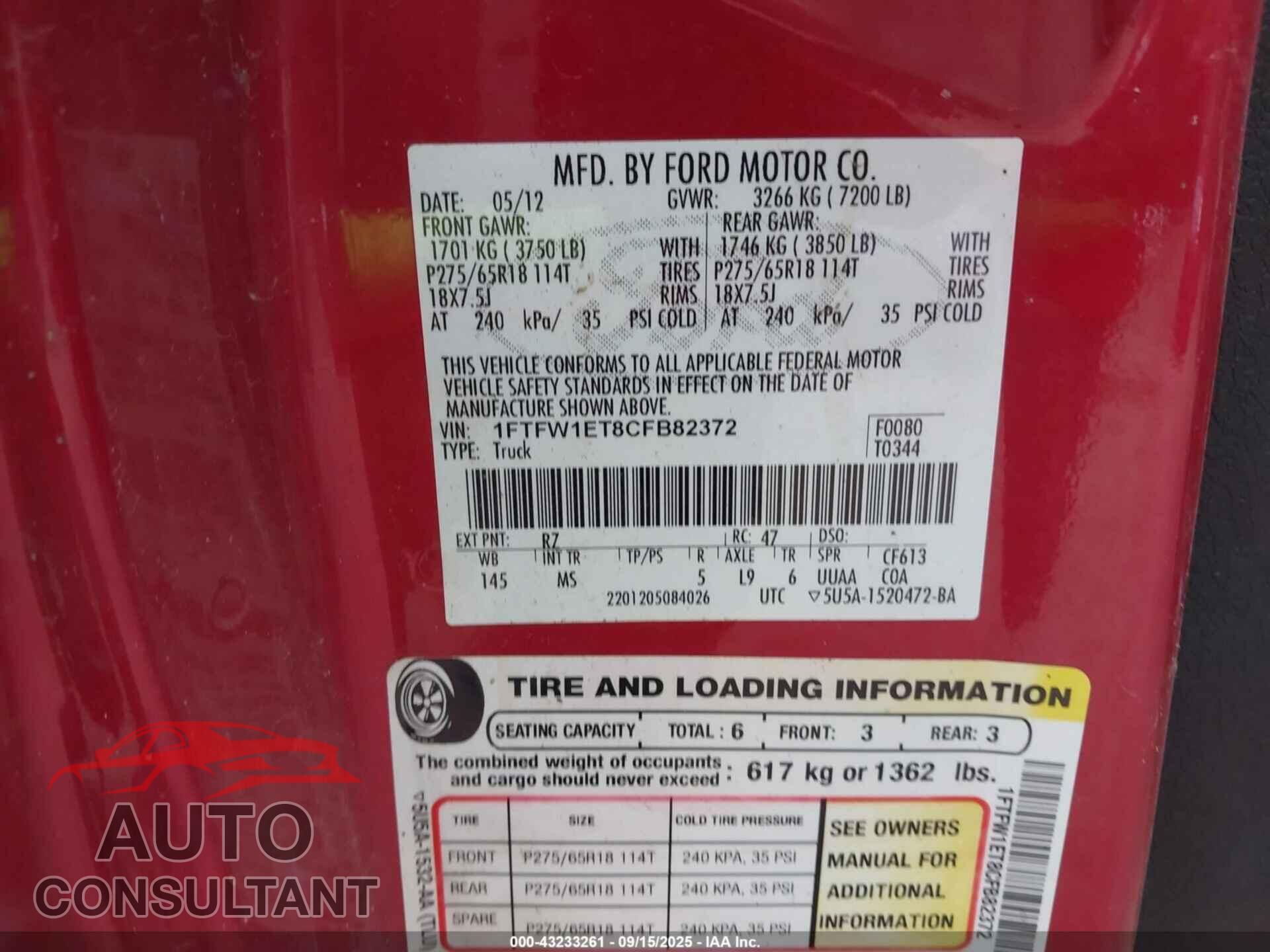FORD F-150 2012 - 1FTFW1ET8CFB82372