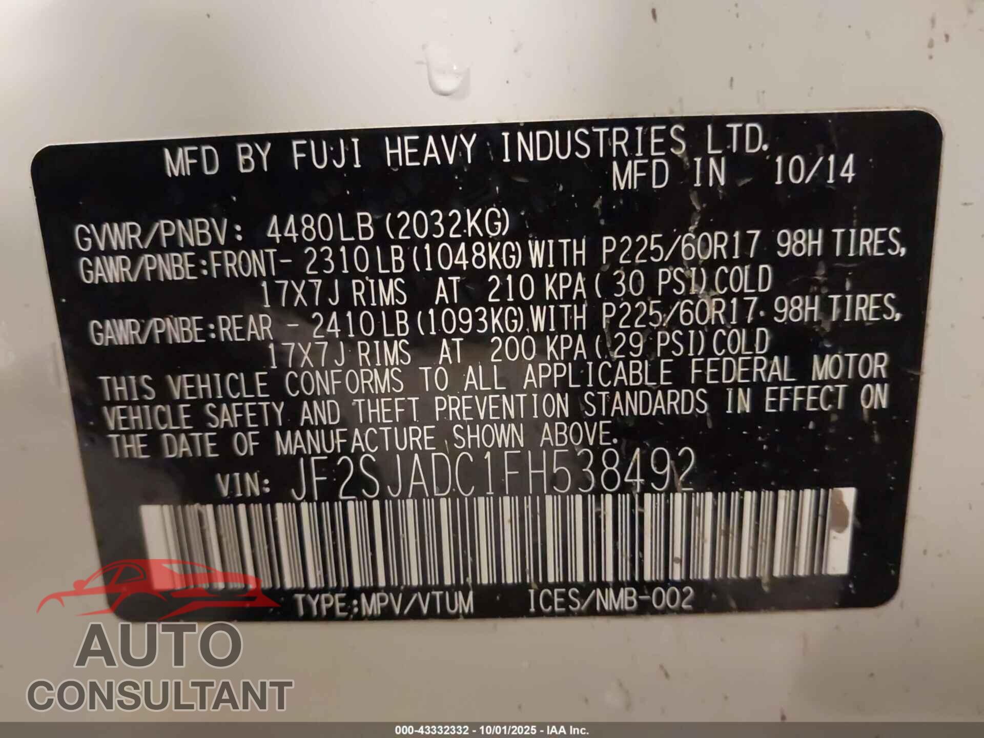 SUBARU FORESTER 2015 - JF2SJADC1FH538492