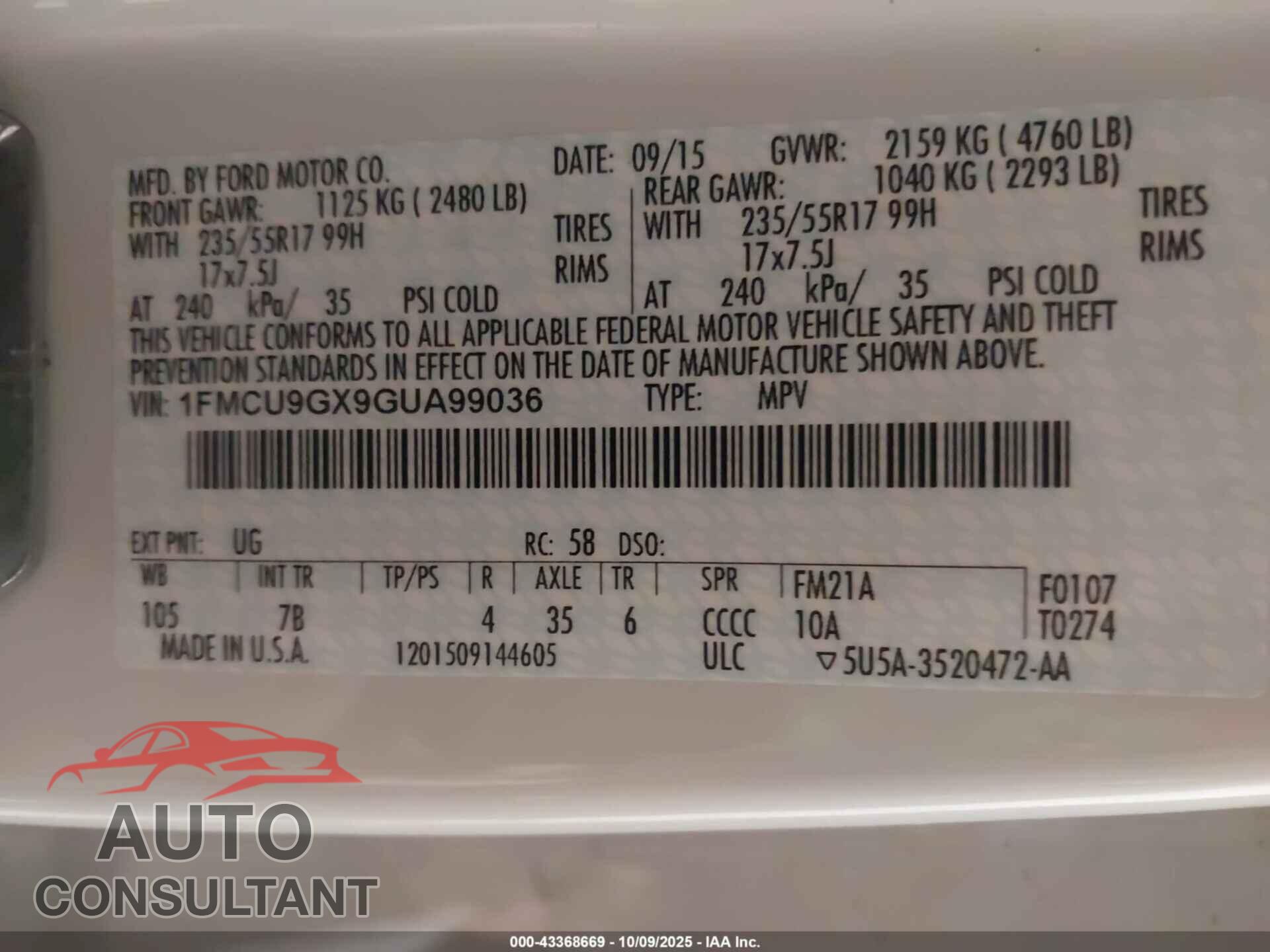 FORD ESCAPE 2016 - 1FMCU9GX9GUA99036
