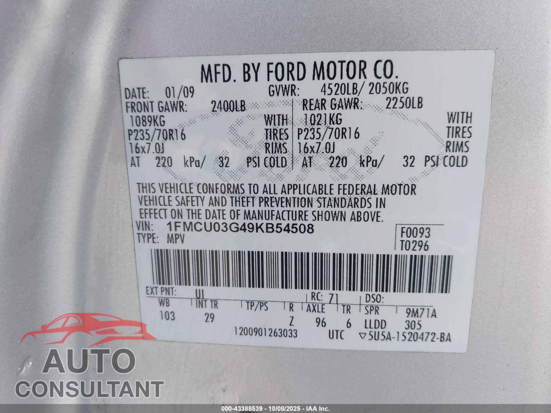 FORD ESCAPE 2009 - 1FMCU03G49KB54508