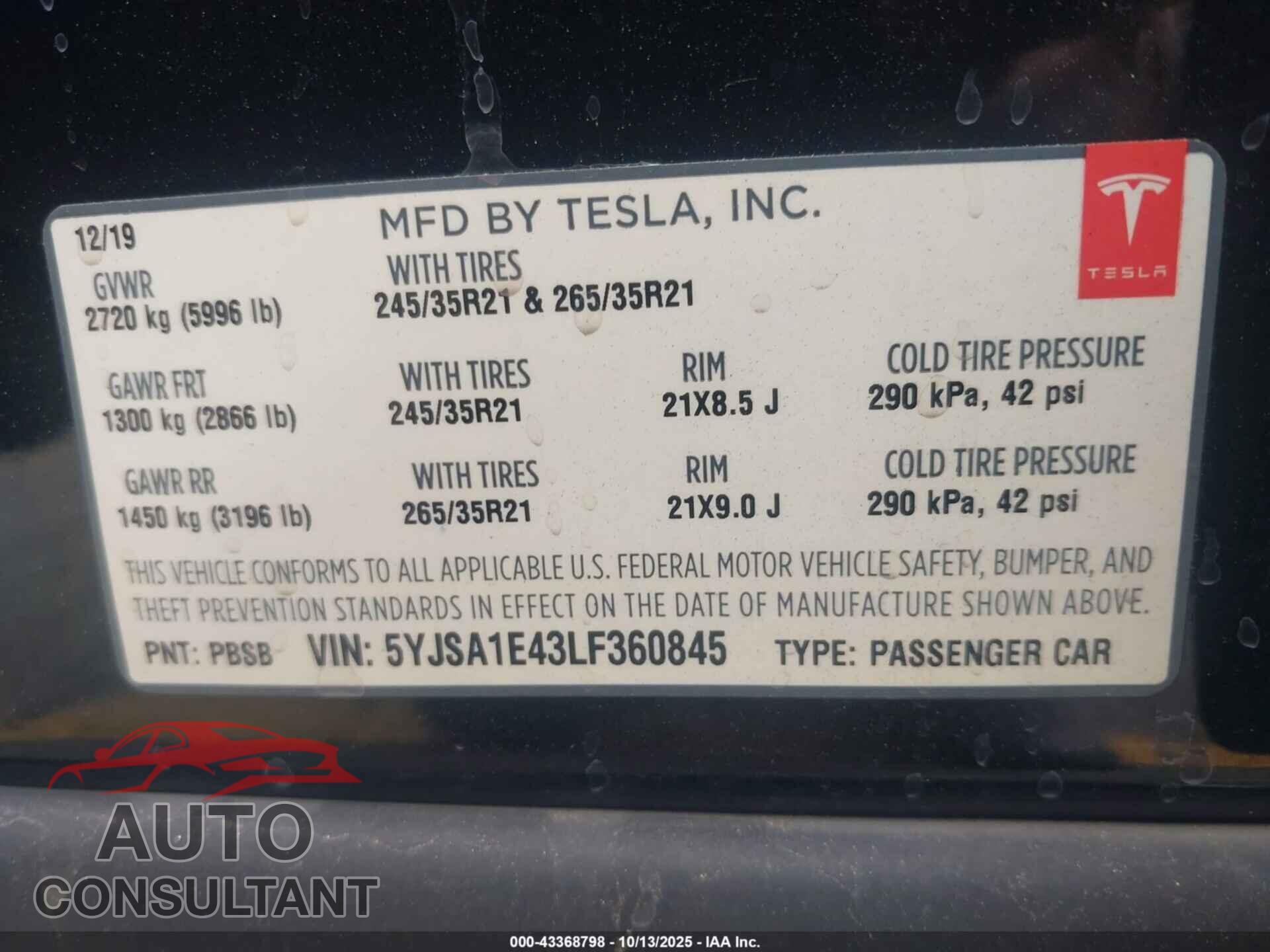 TESLA MODEL S 2020 - 5YJSA1E43LF360845