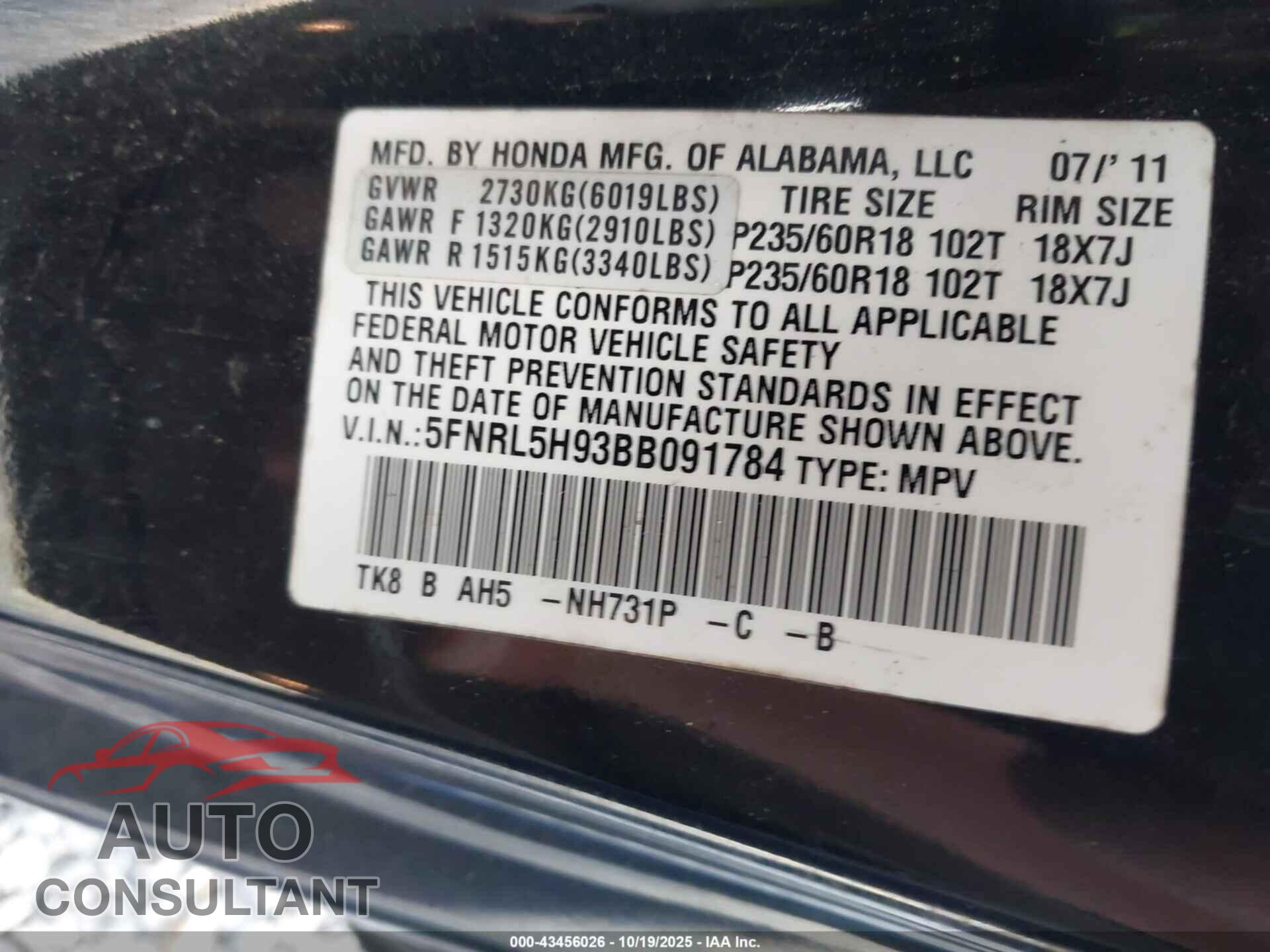 HONDA ODYSSEY 2011 - 5FNRL5H93BB091784