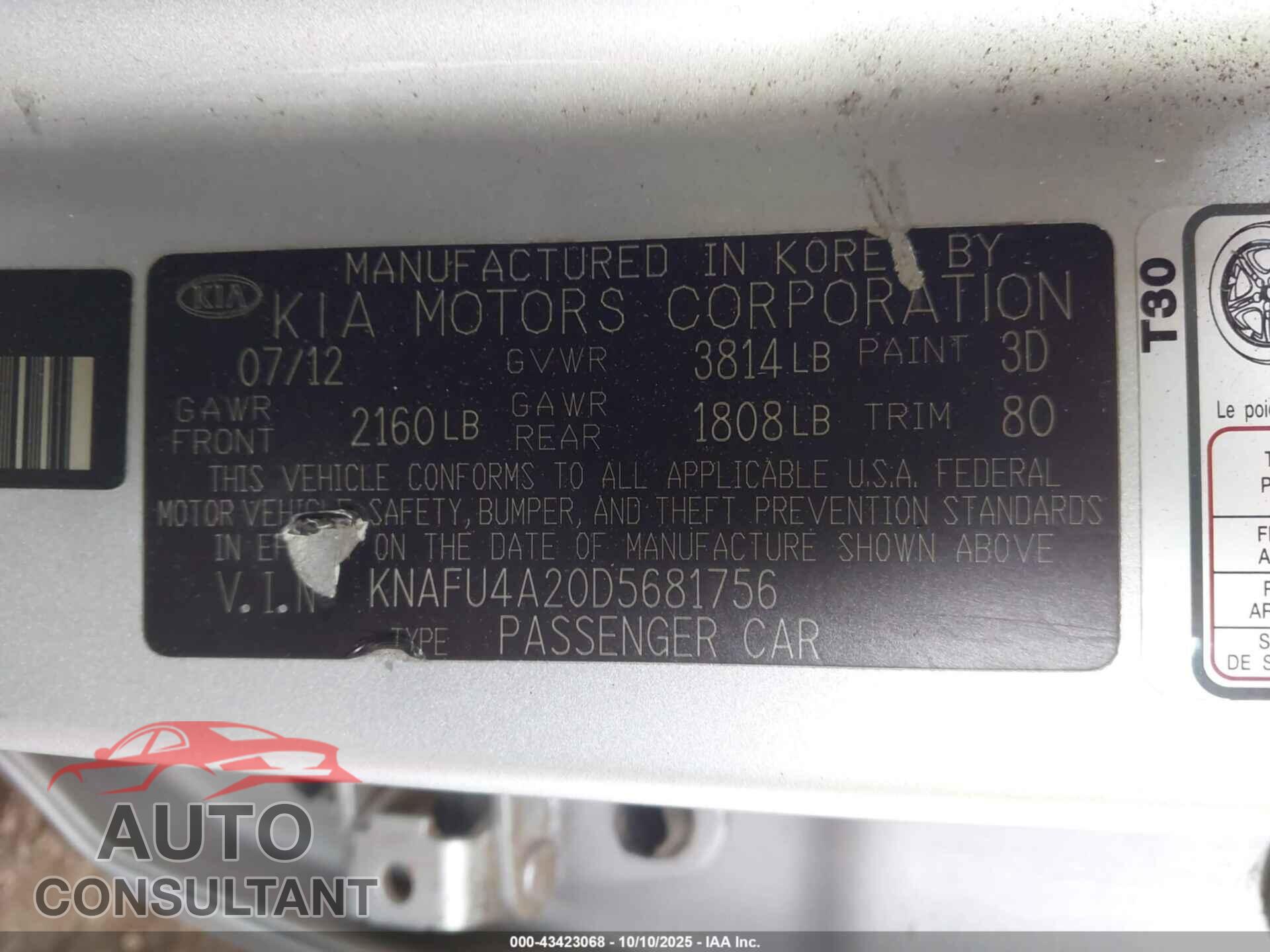 KIA FORTE 2013 - KNAFU4A20D5681756