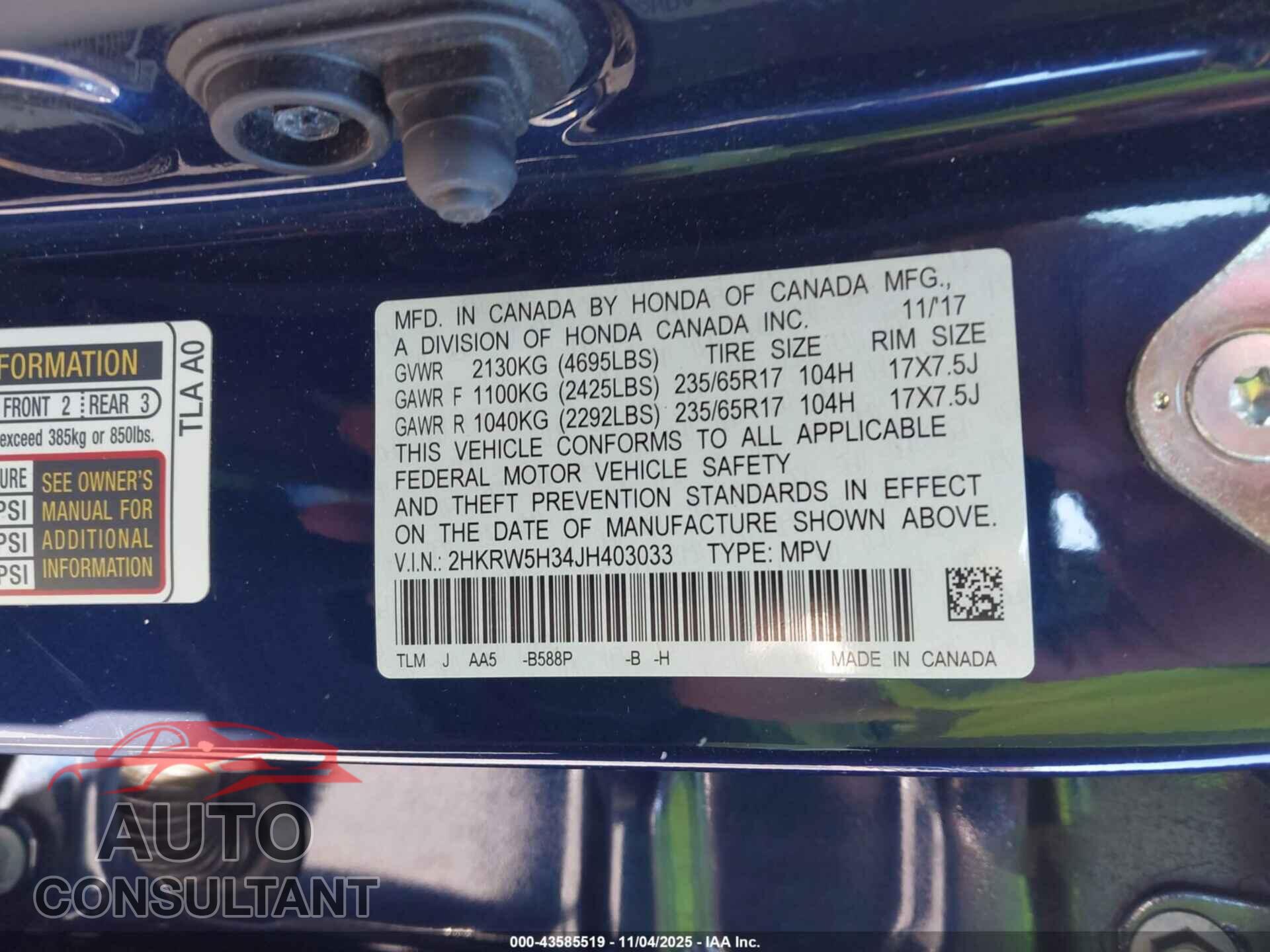 HONDA CR-V 2018 - 2HKRW5H34JH403033