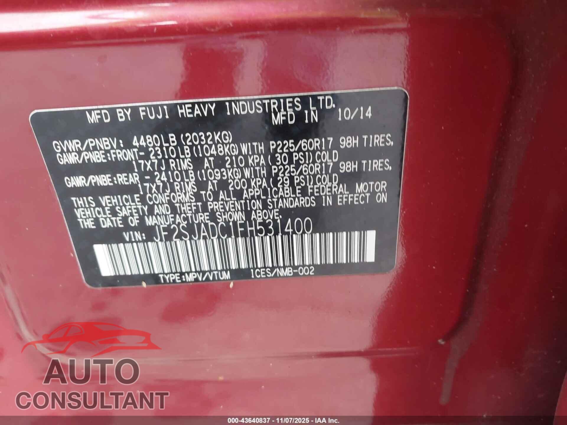 SUBARU FORESTER 2015 - JF2SJADC1FH531400