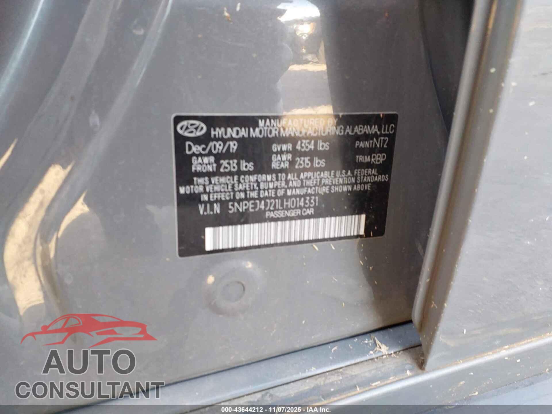 HYUNDAI SONATA 2020 - 5NPEJ4J21LH014331