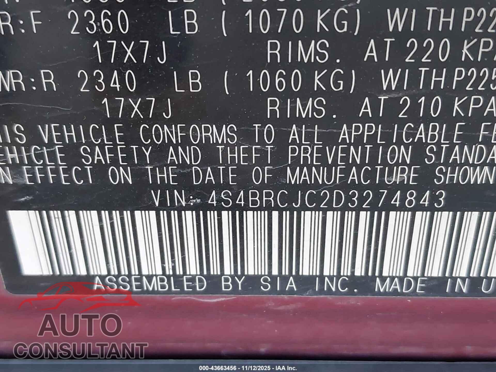 SUBARU OUTBACK 2013 - 4S4BRCJC2D3274843