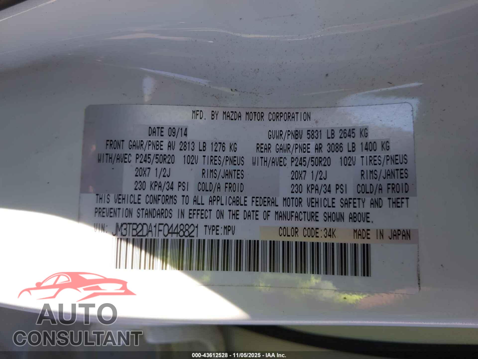 MAZDA CX-9 2015 - JM3TB2DA1F0448821