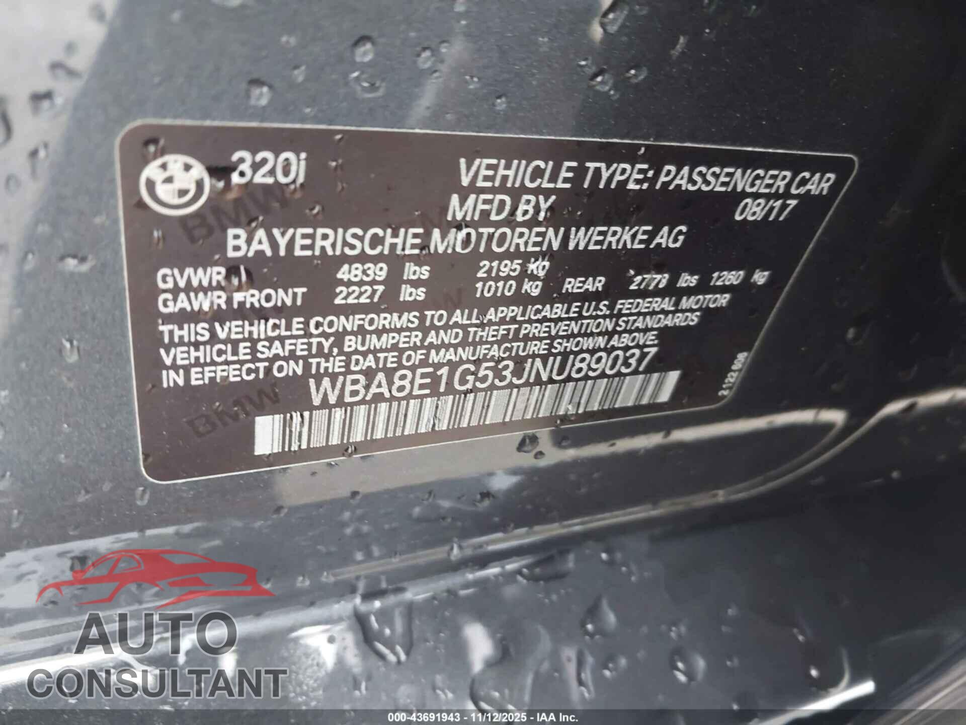 BMW 320I 2018 - WBA8E1G53JNU89037