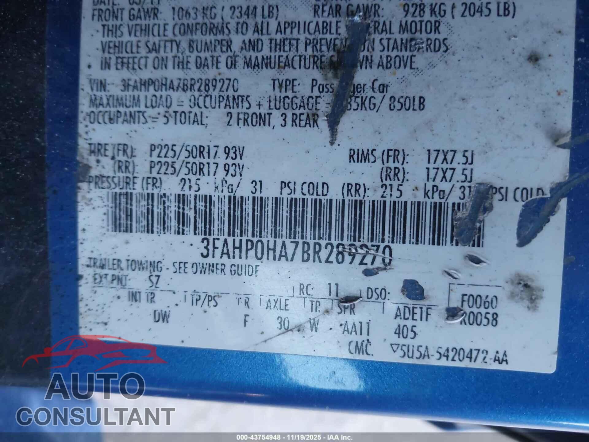 FORD FUSION 2011 - 3FAHP0HA7BR289270