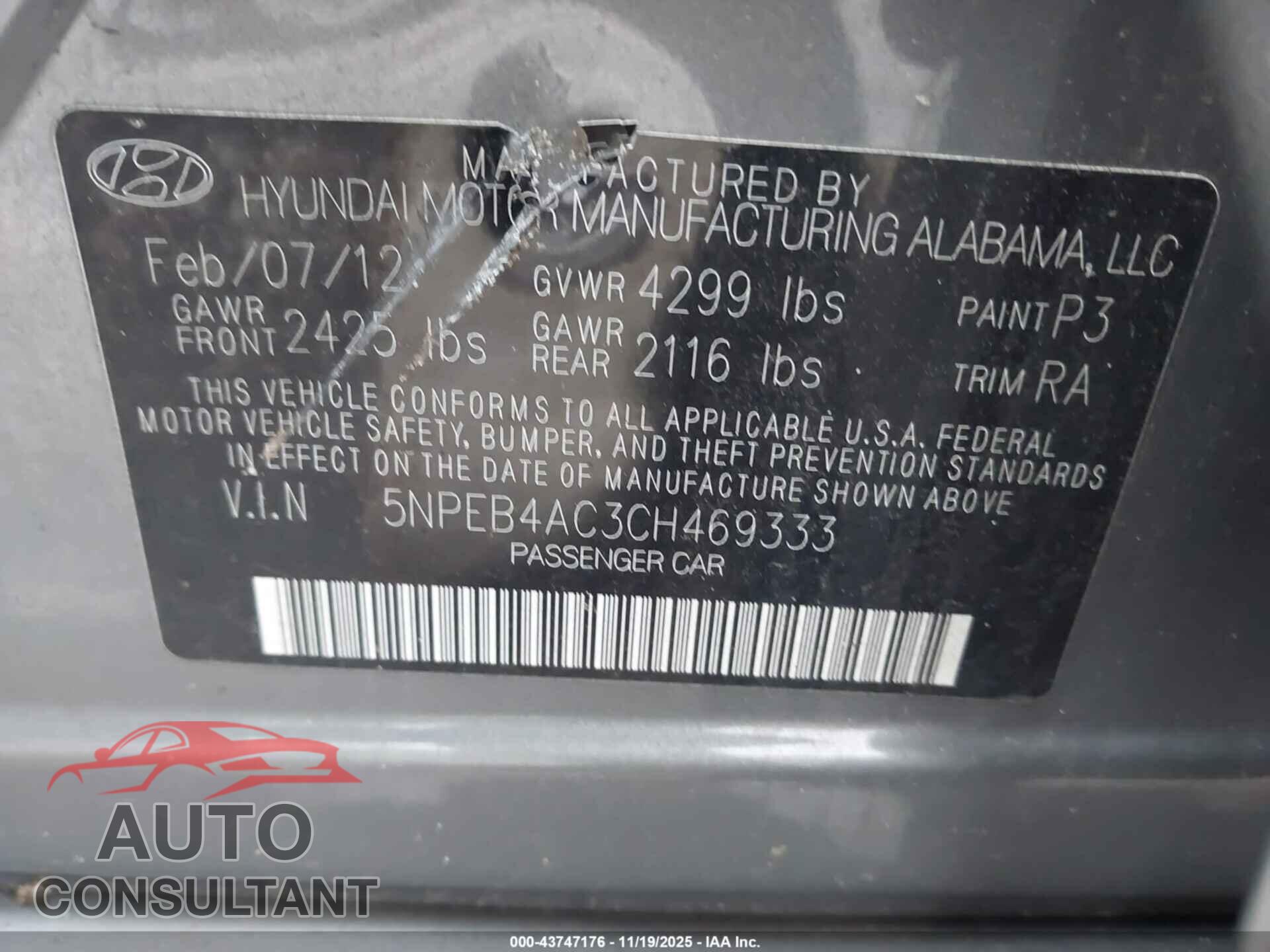 HYUNDAI SONATA 2012 - 5NPEB4AC3CH469333