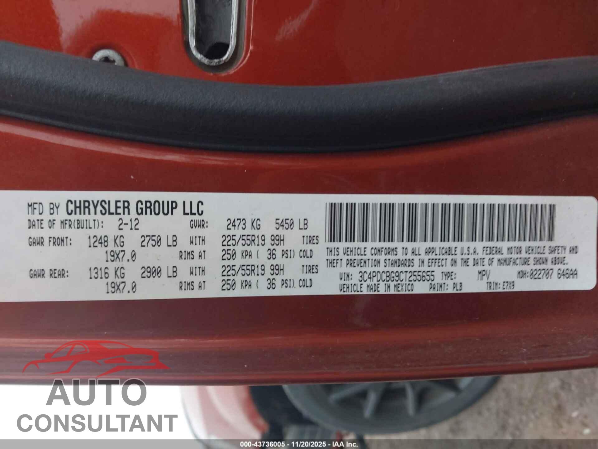 DODGE JOURNEY 2012 - 3C4PDCBG9CT255655