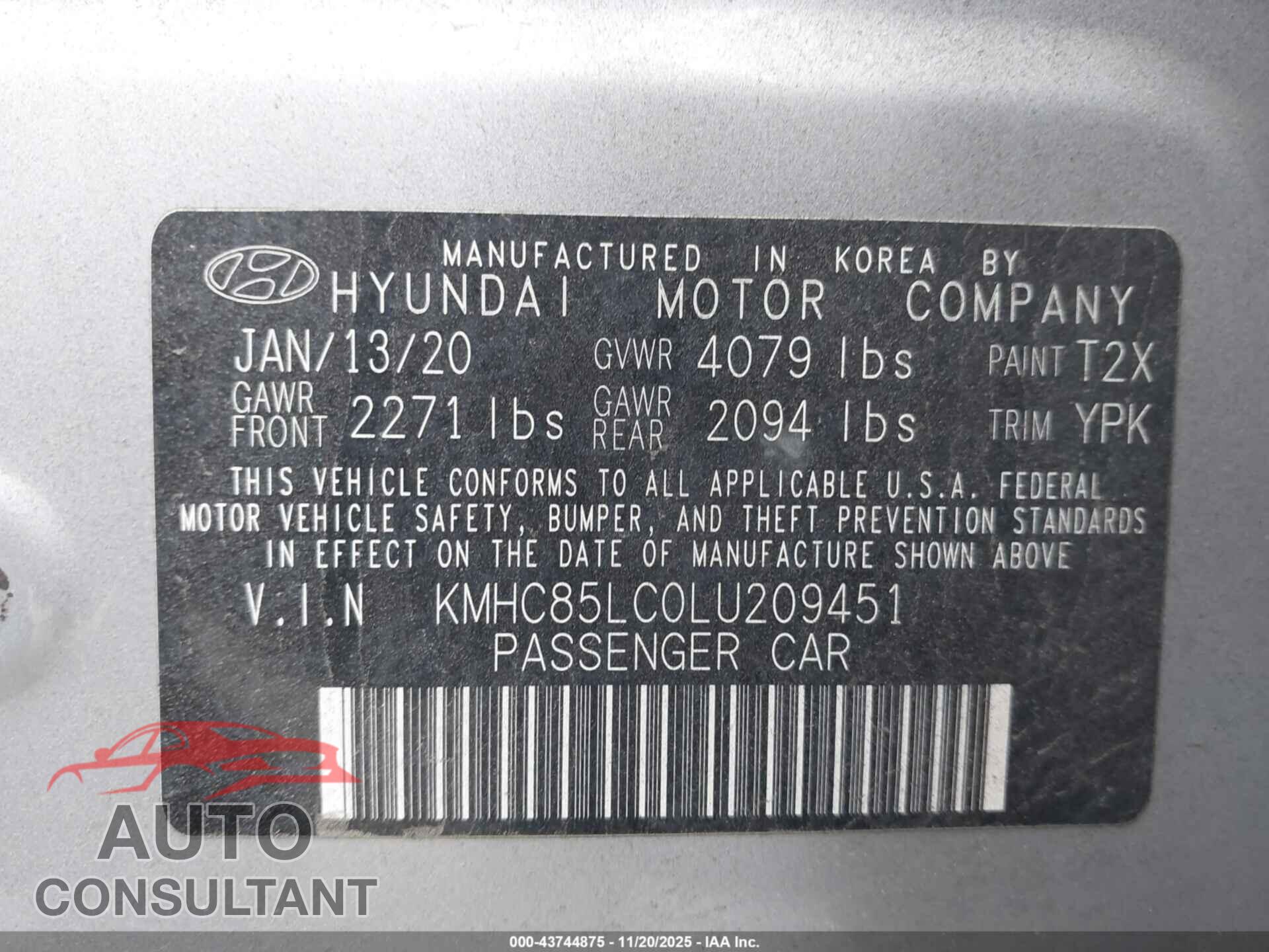 HYUNDAI IONIQ HYBRID 2020 - KMHC85LC0LU209451