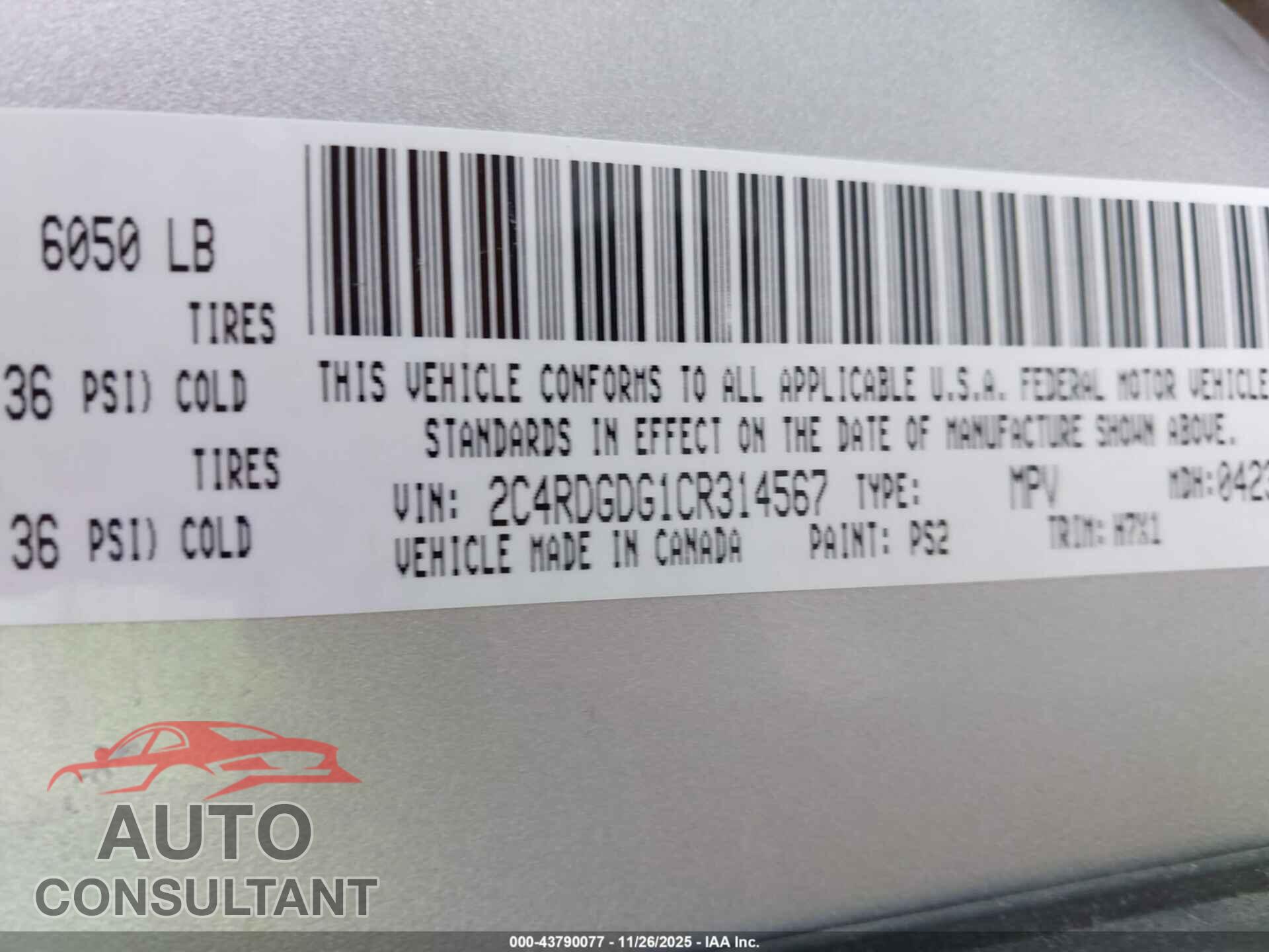DODGE GRAND CARAVAN 2012 - 2C4RDGDG1CR314567
