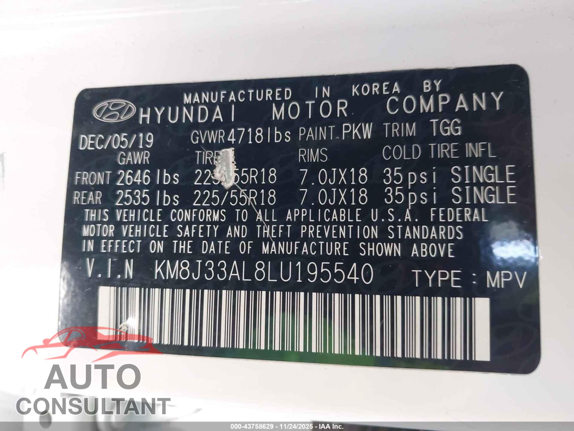 HYUNDAI TUCSON 2020 - KM8J33AL8LU195540