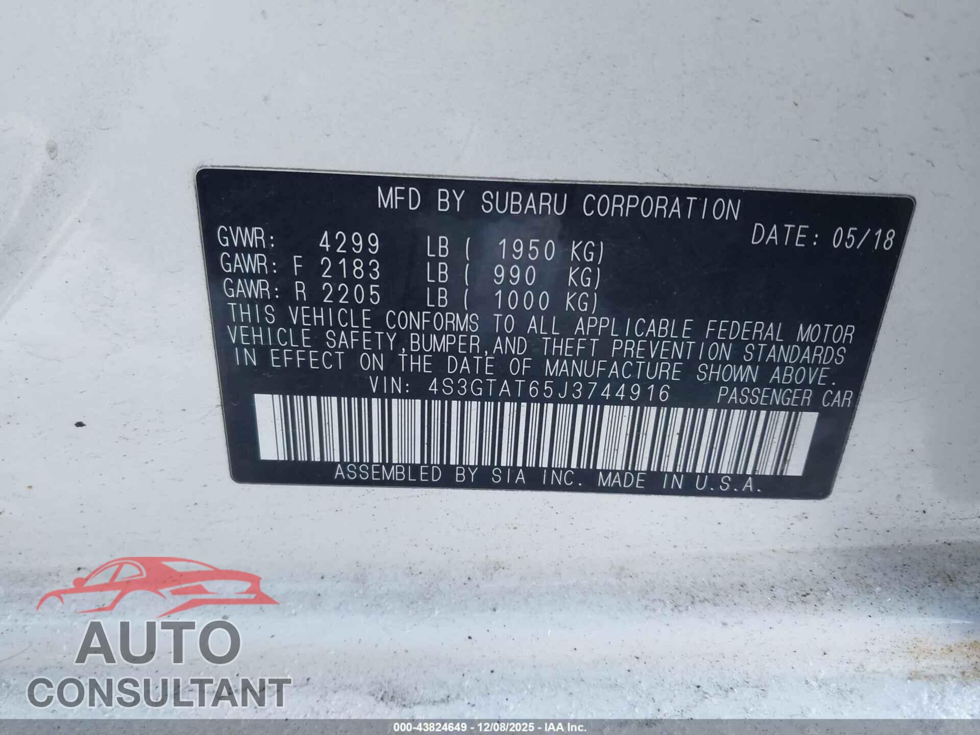 SUBARU IMPREZA 2018 - 4S3GTAT65J3744916