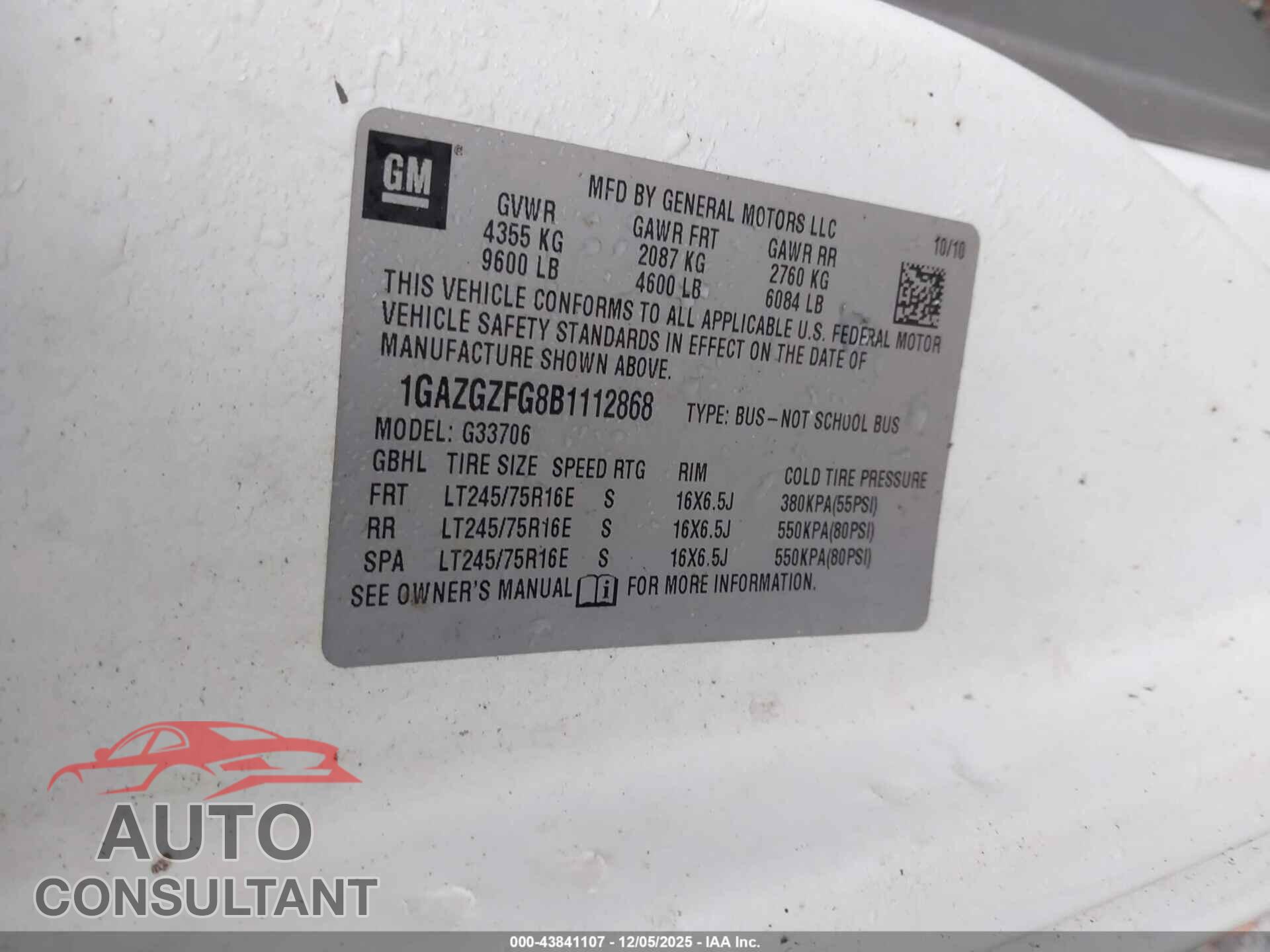 CHEVROLET EXPRESS 3500 2011 - 1GAZGZFG8B1112868