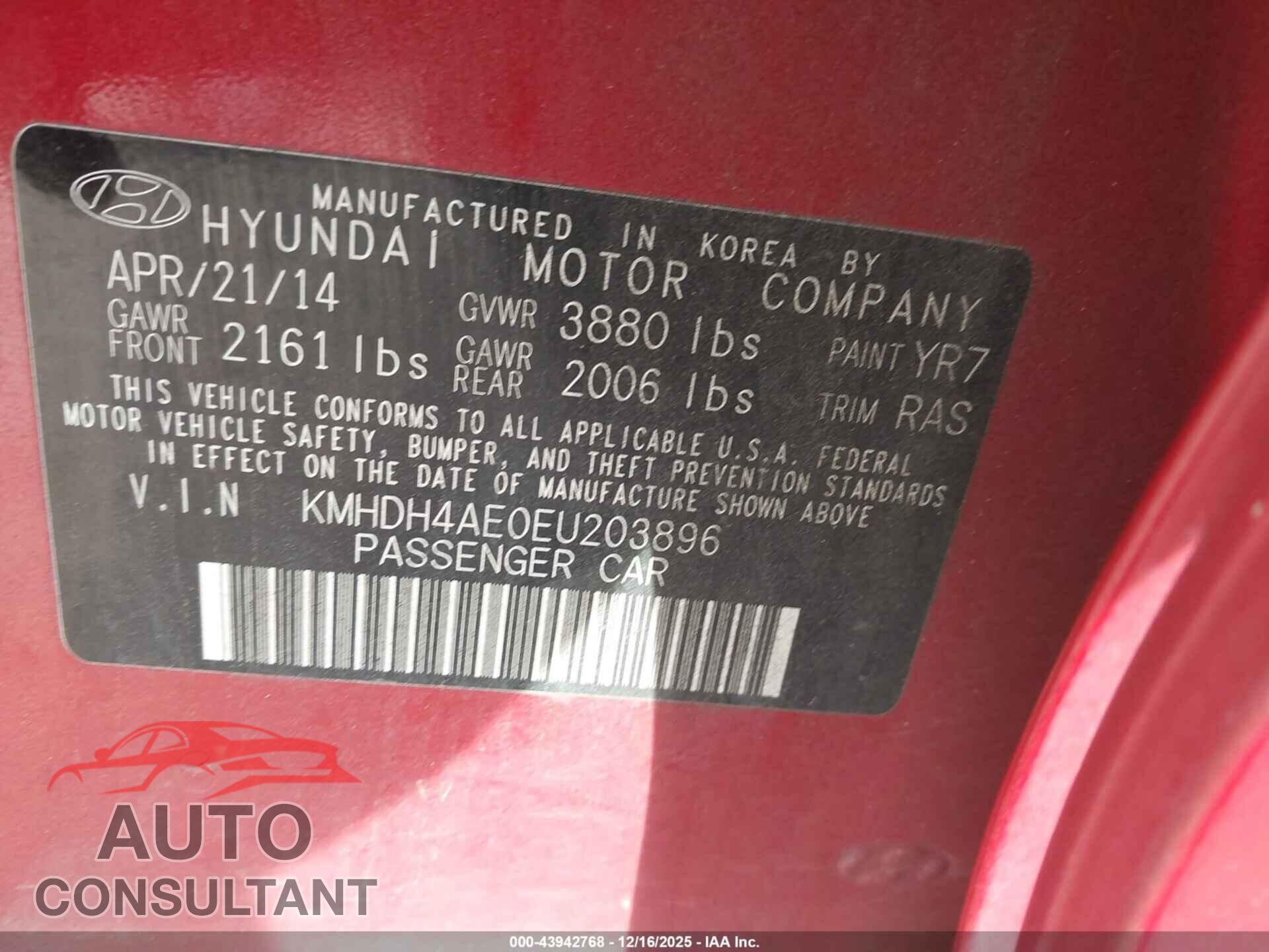 HYUNDAI ELANTRA 2014 - KMHDH4AE0EU203896