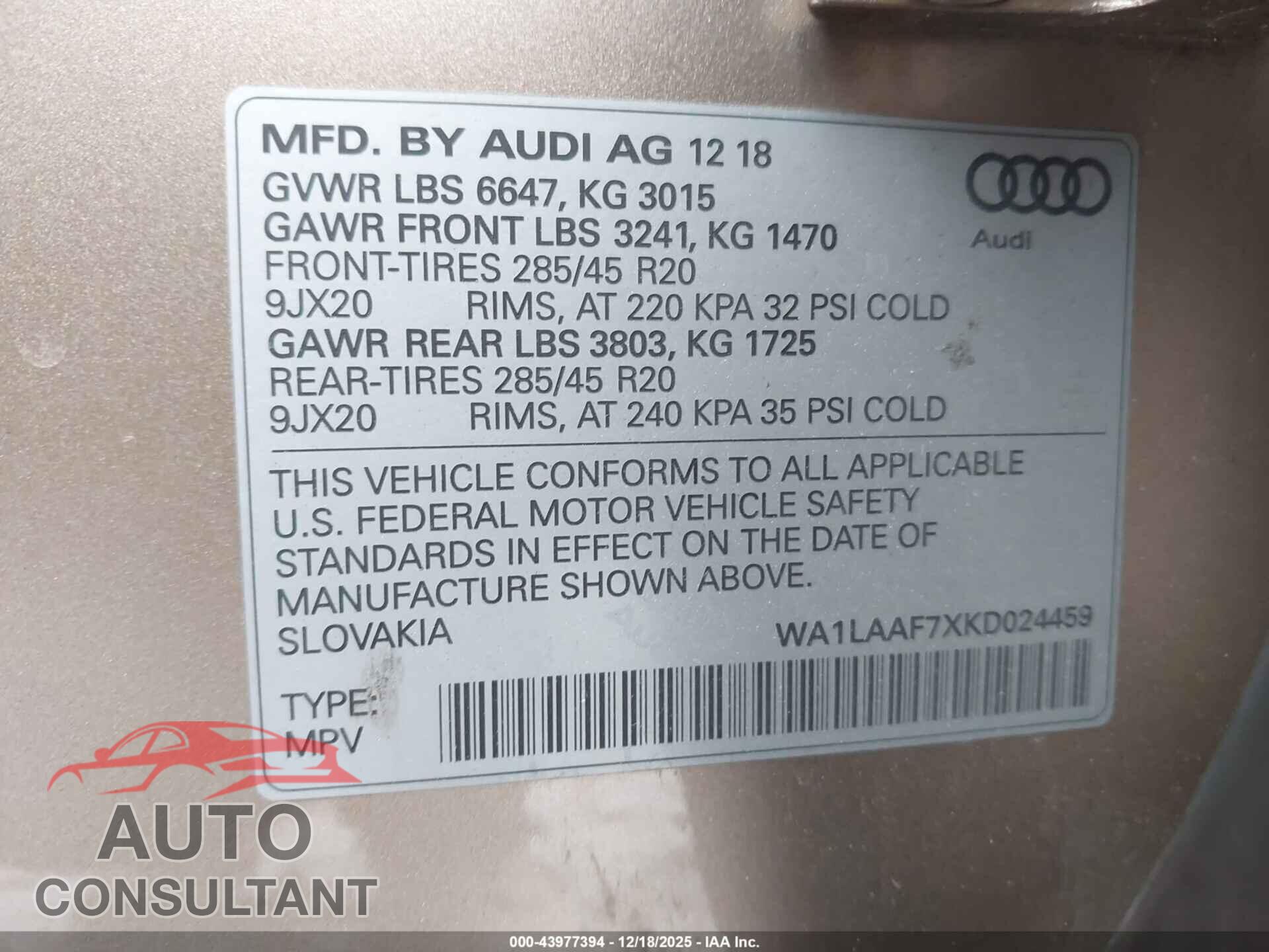 AUDI Q7 2019 - WA1LAAF7XKD024459
