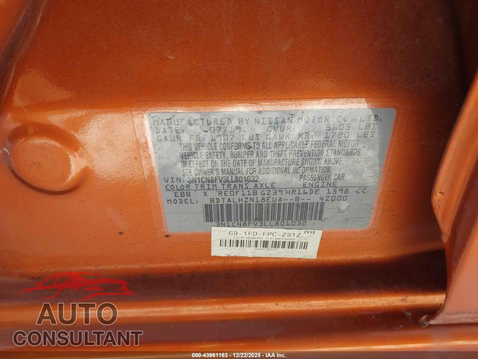 NISSAN VERSA 2020 - 3N1CN8FV3LL801032