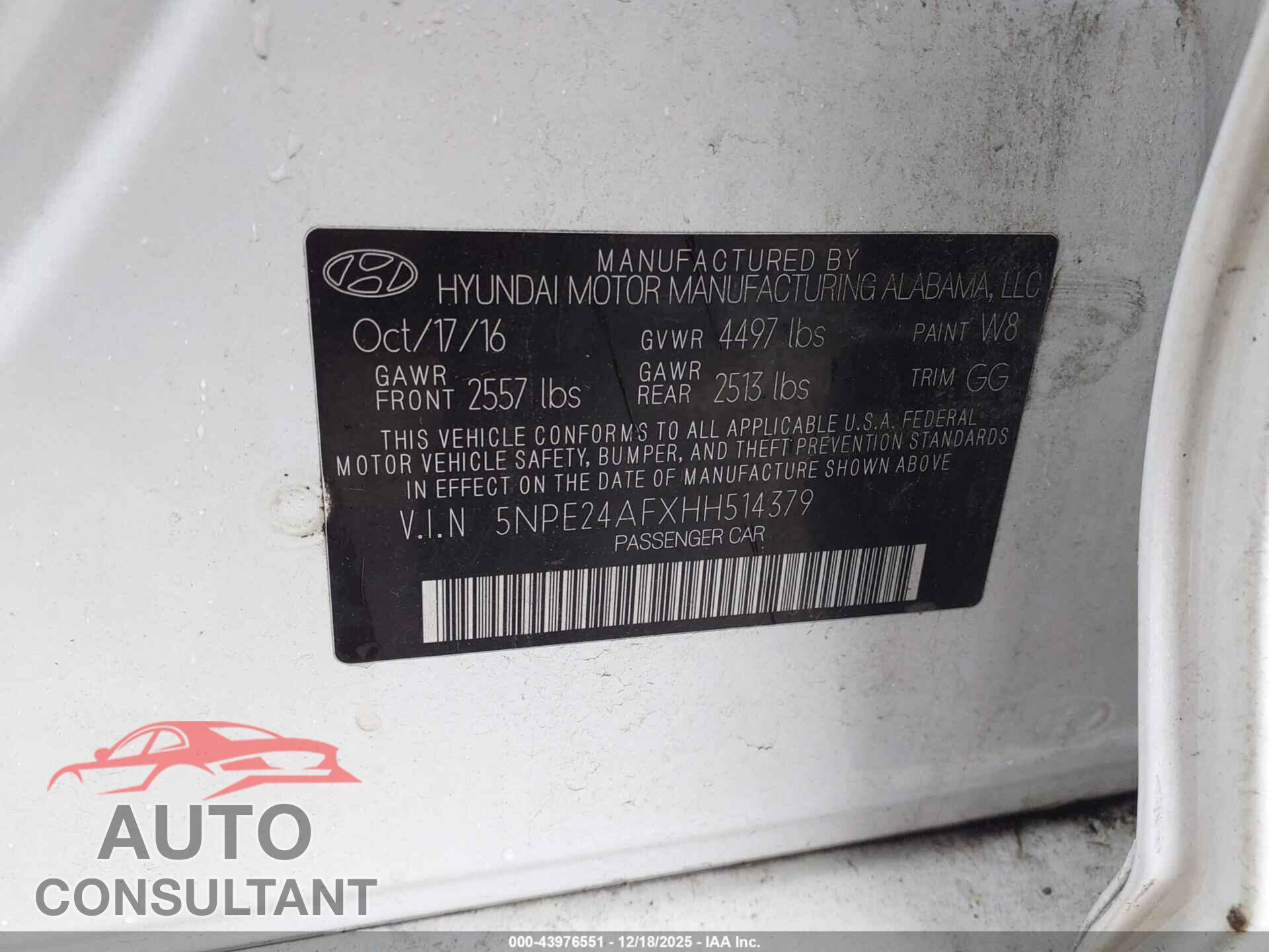 HYUNDAI SONATA 2017 - 5NPE24AFXHH514379