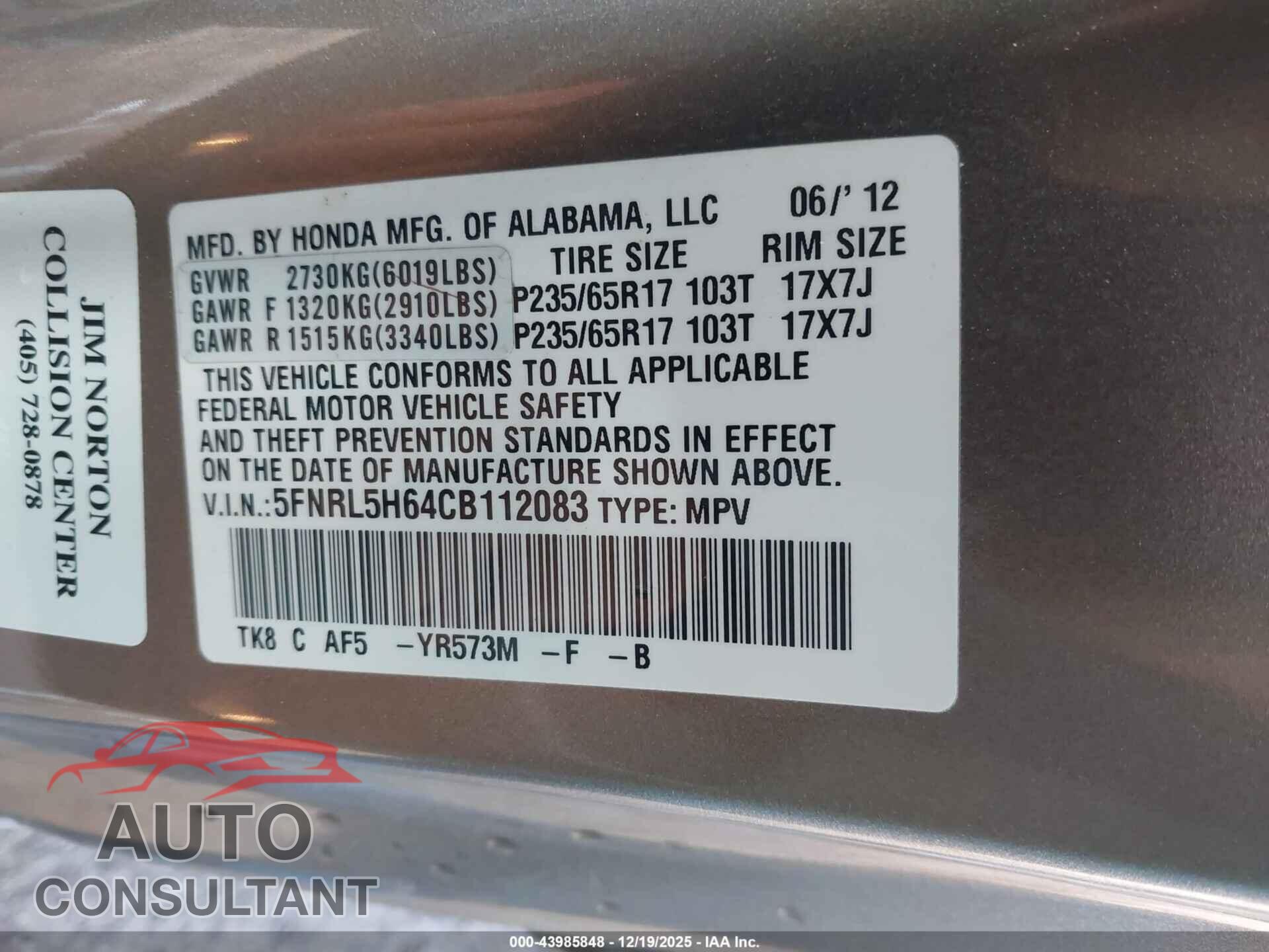 HONDA ODYSSEY 2012 - 5FNRL5H64CB112083